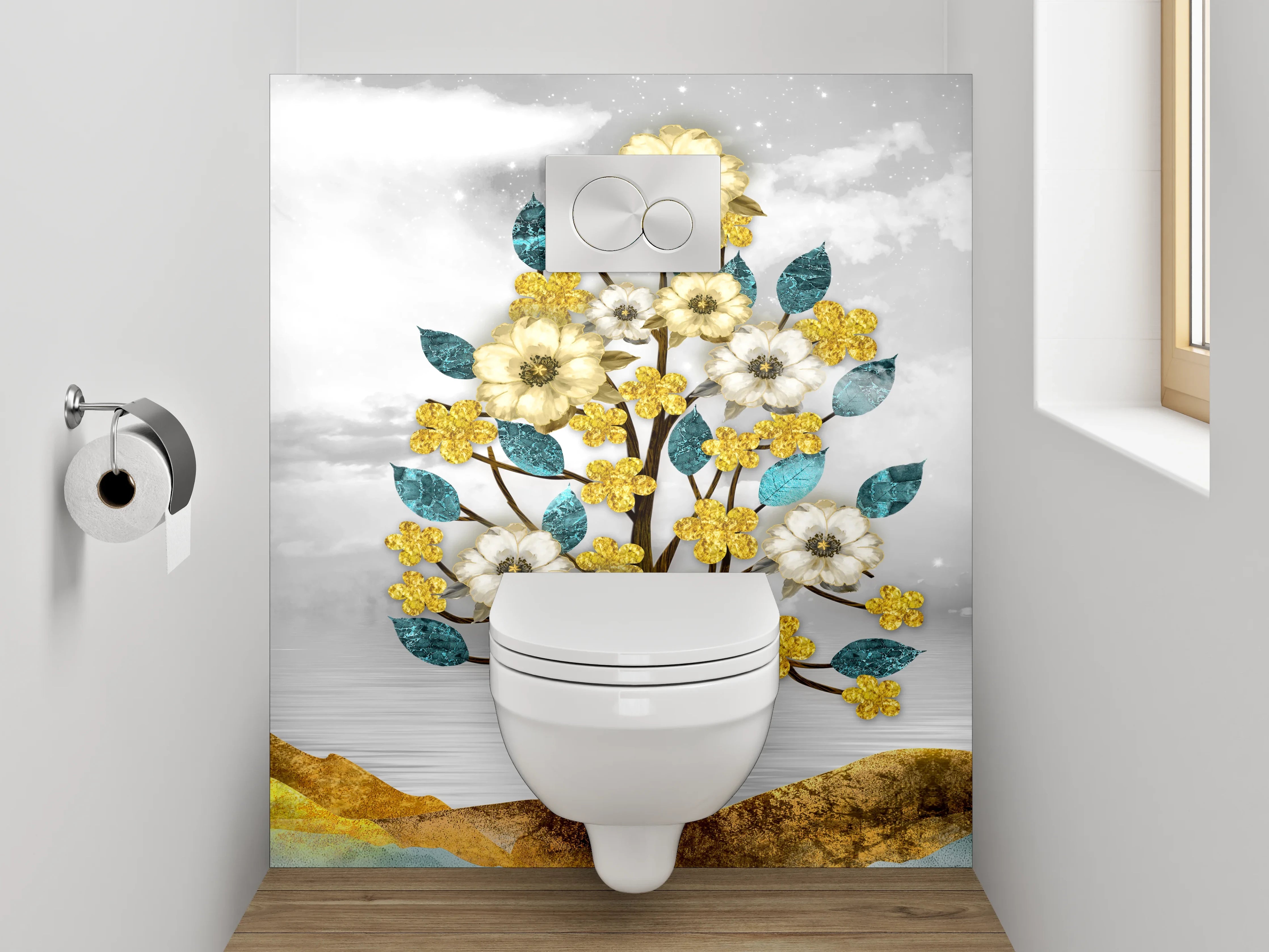 WC-Rückwand - Goldene Blumenbäume auf abstrakter Landschaft