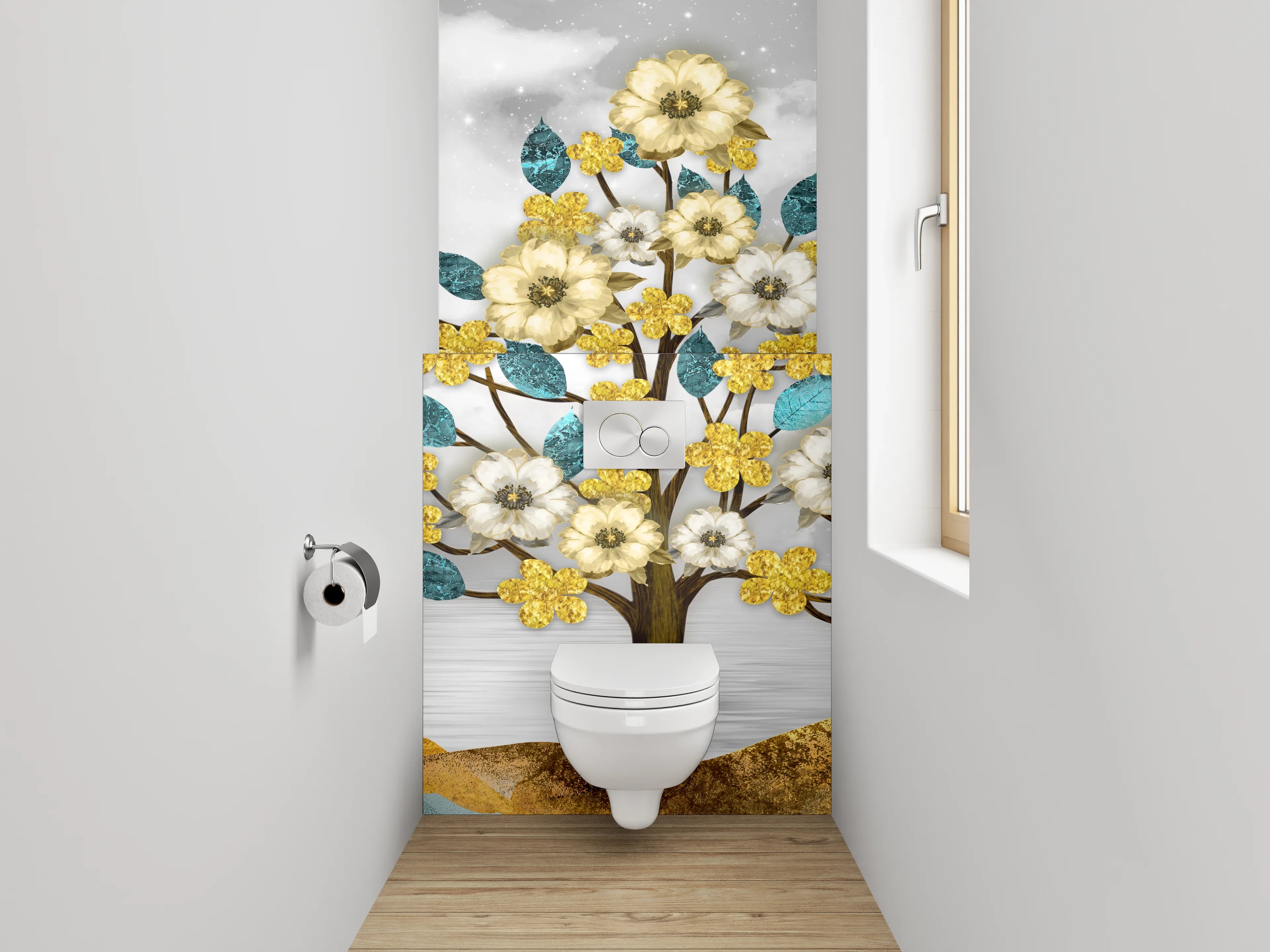 WC-Rückwand - Goldene Blumenbäume auf abstrakter Landschaft