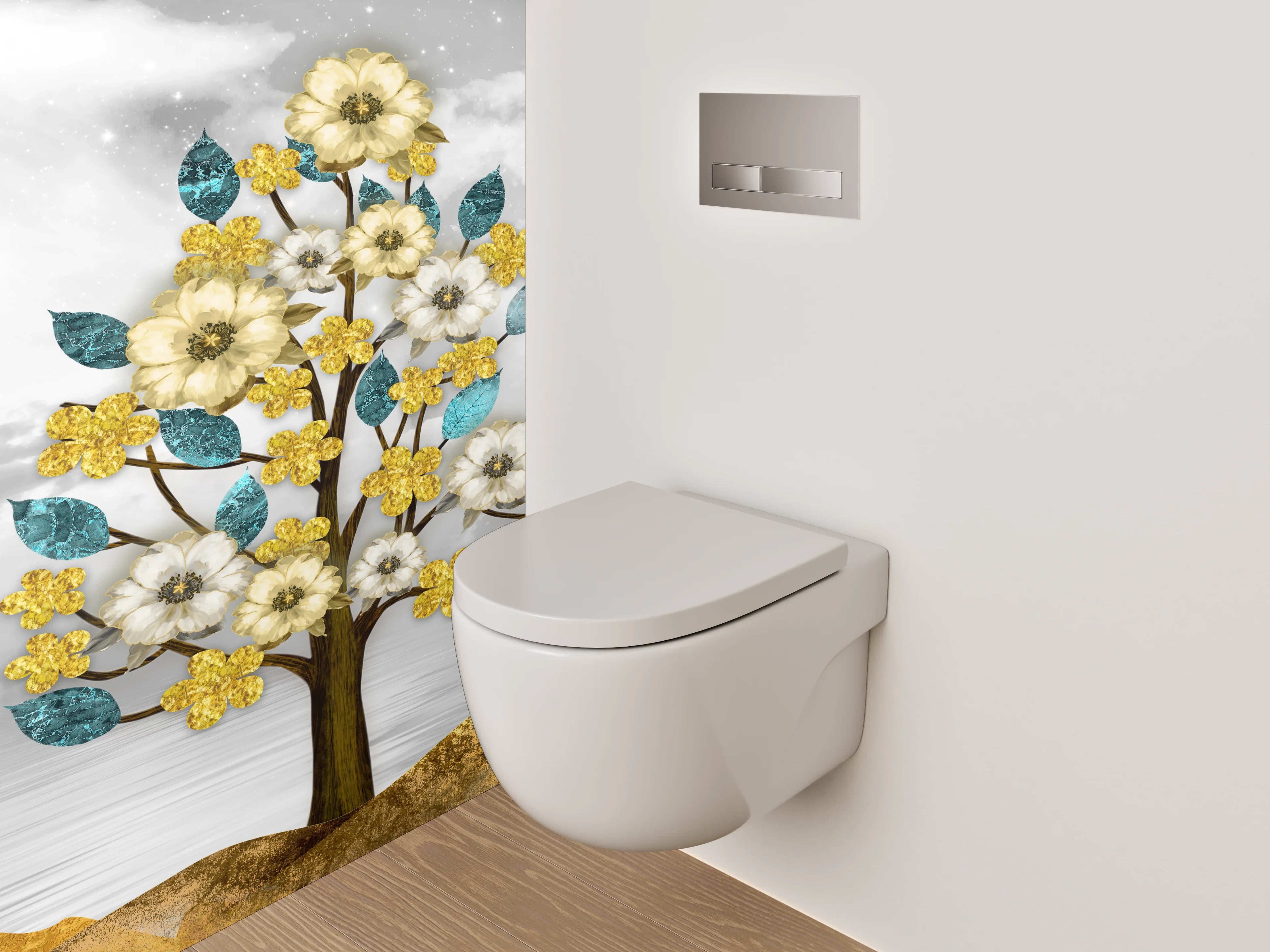 WC-Rückwand - Goldene Blumenbäume auf abstrakter Landschaft