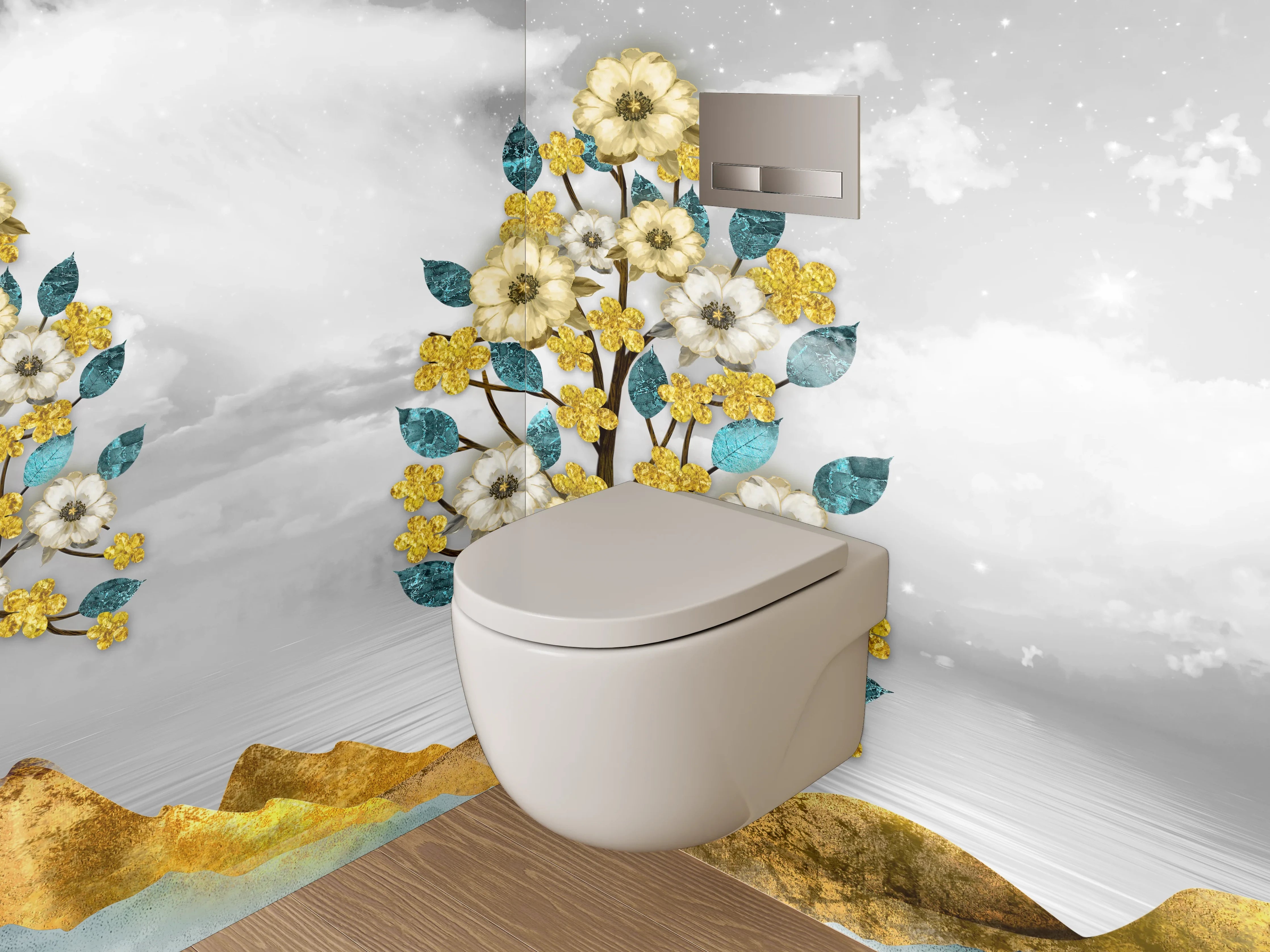WC-Rückwand - Goldene Blumenbäume auf abstrakter Landschaft