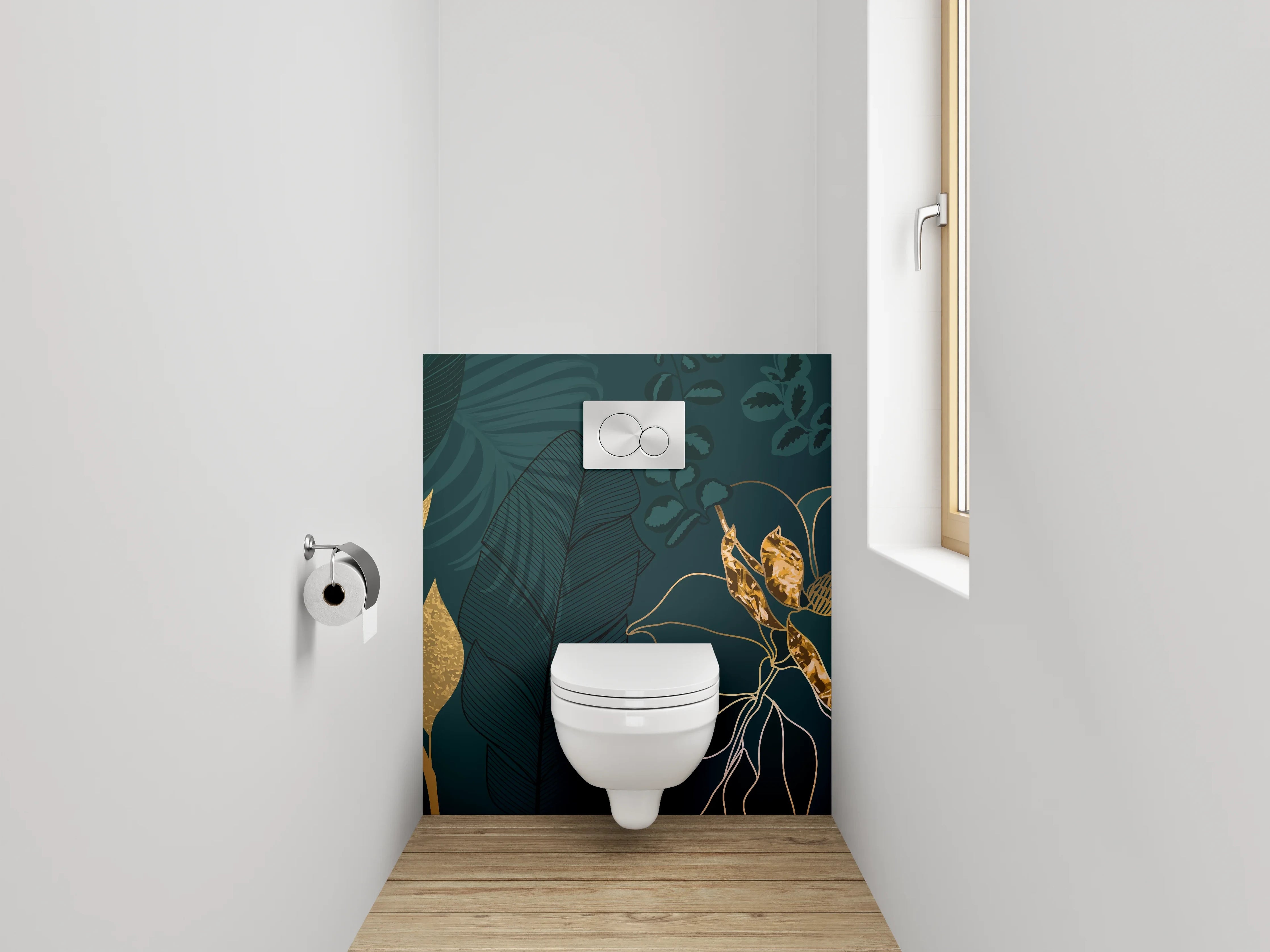 WC-Rückwand - Goldene Botanical Lineart auf Dunkelgrün