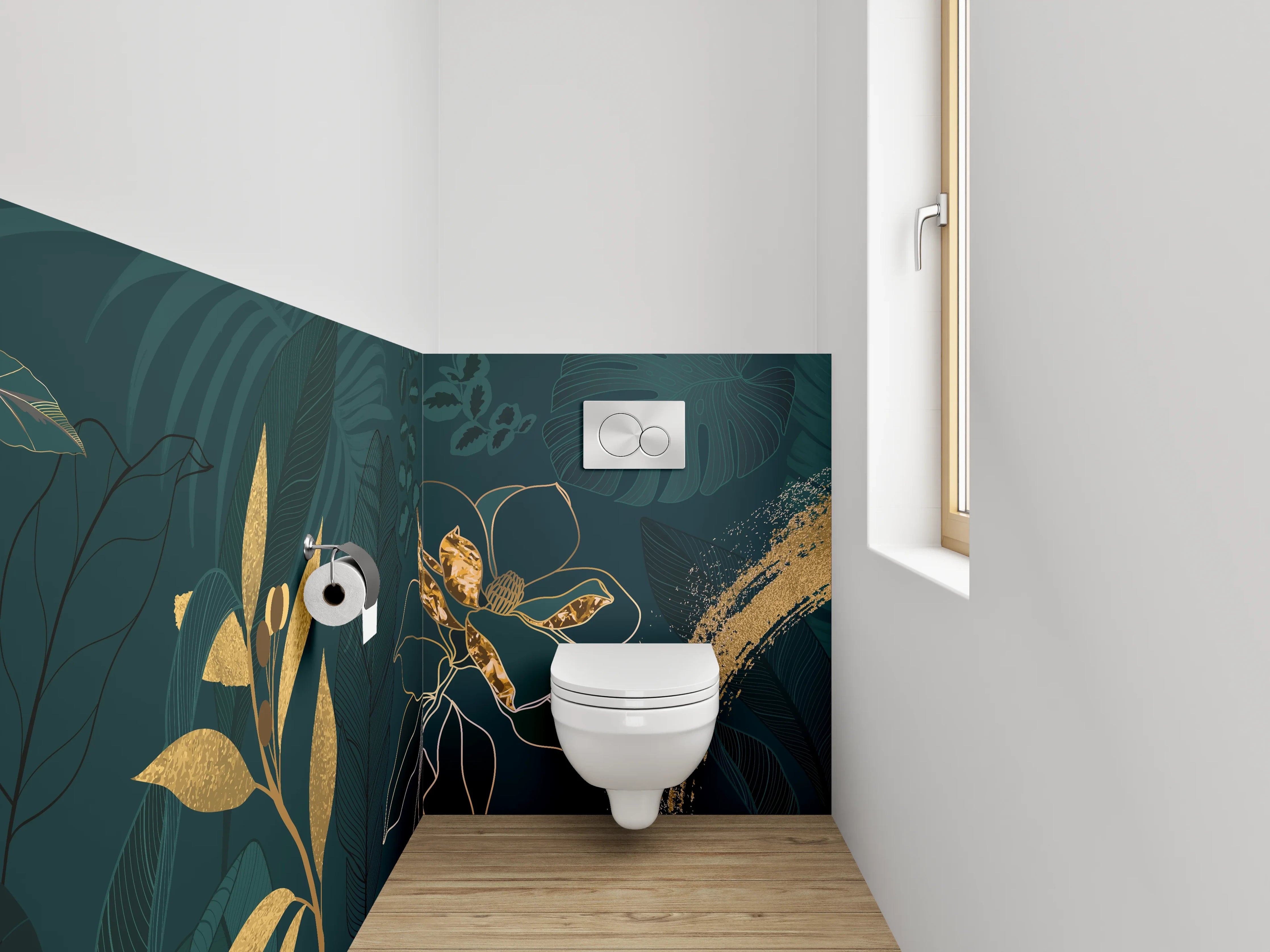 WC-Rückwand - Goldene Botanical Lineart auf Dunkelgrün