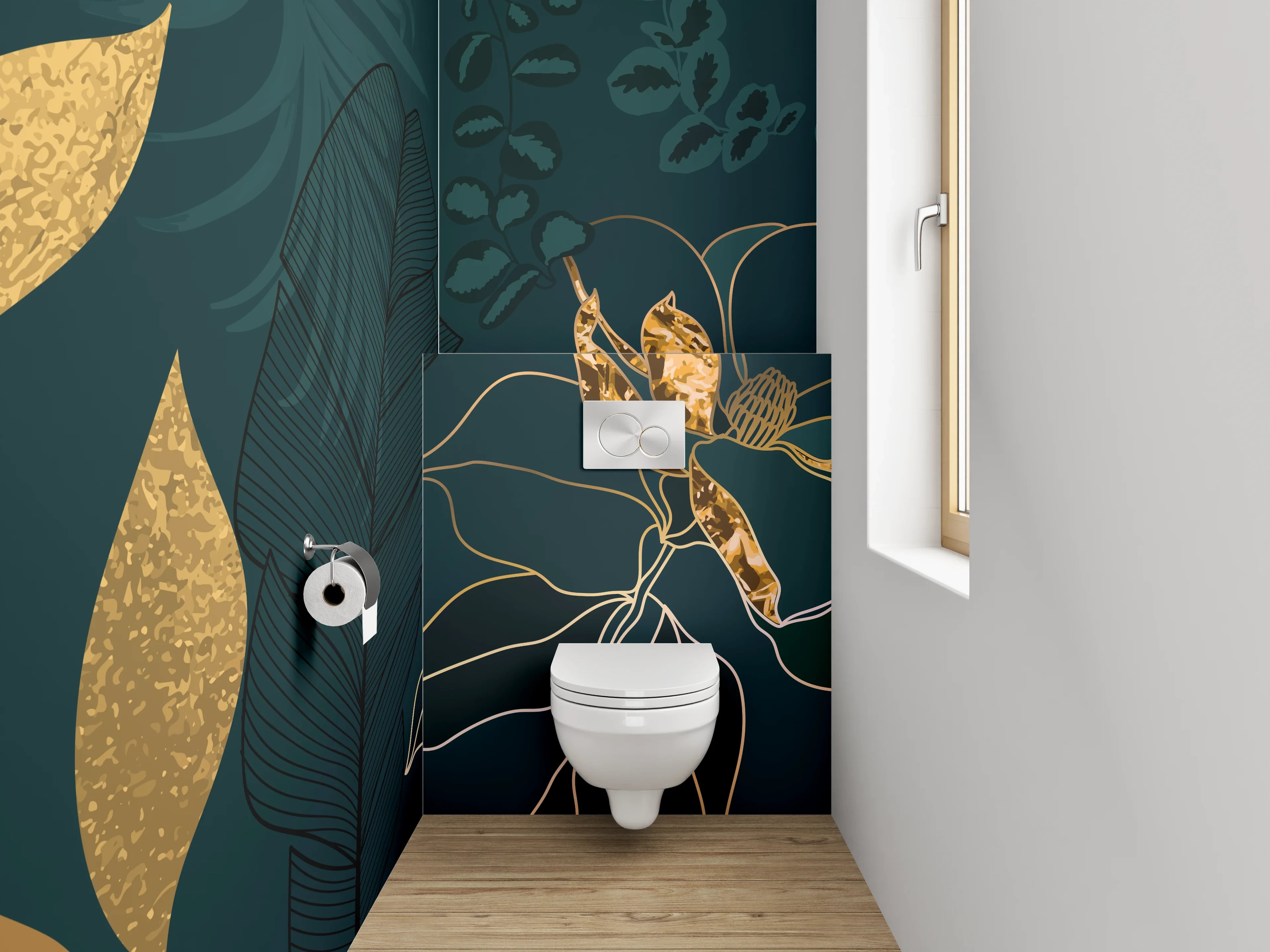 WC-Rückwand - Goldene Botanical Lineart auf Dunkelgrün
