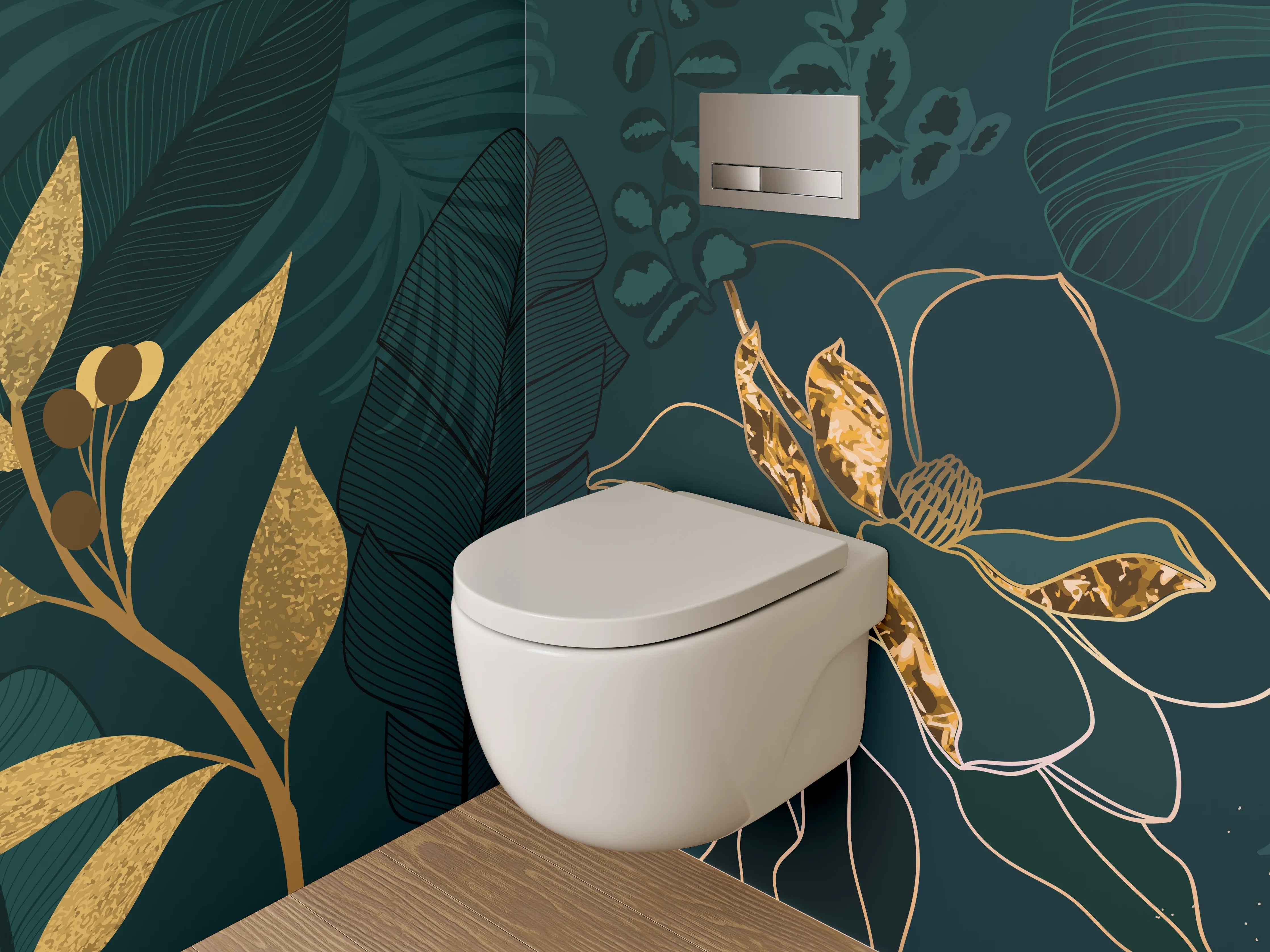 WC-Rückwand - Goldene Botanical Lineart auf Dunkelgrün