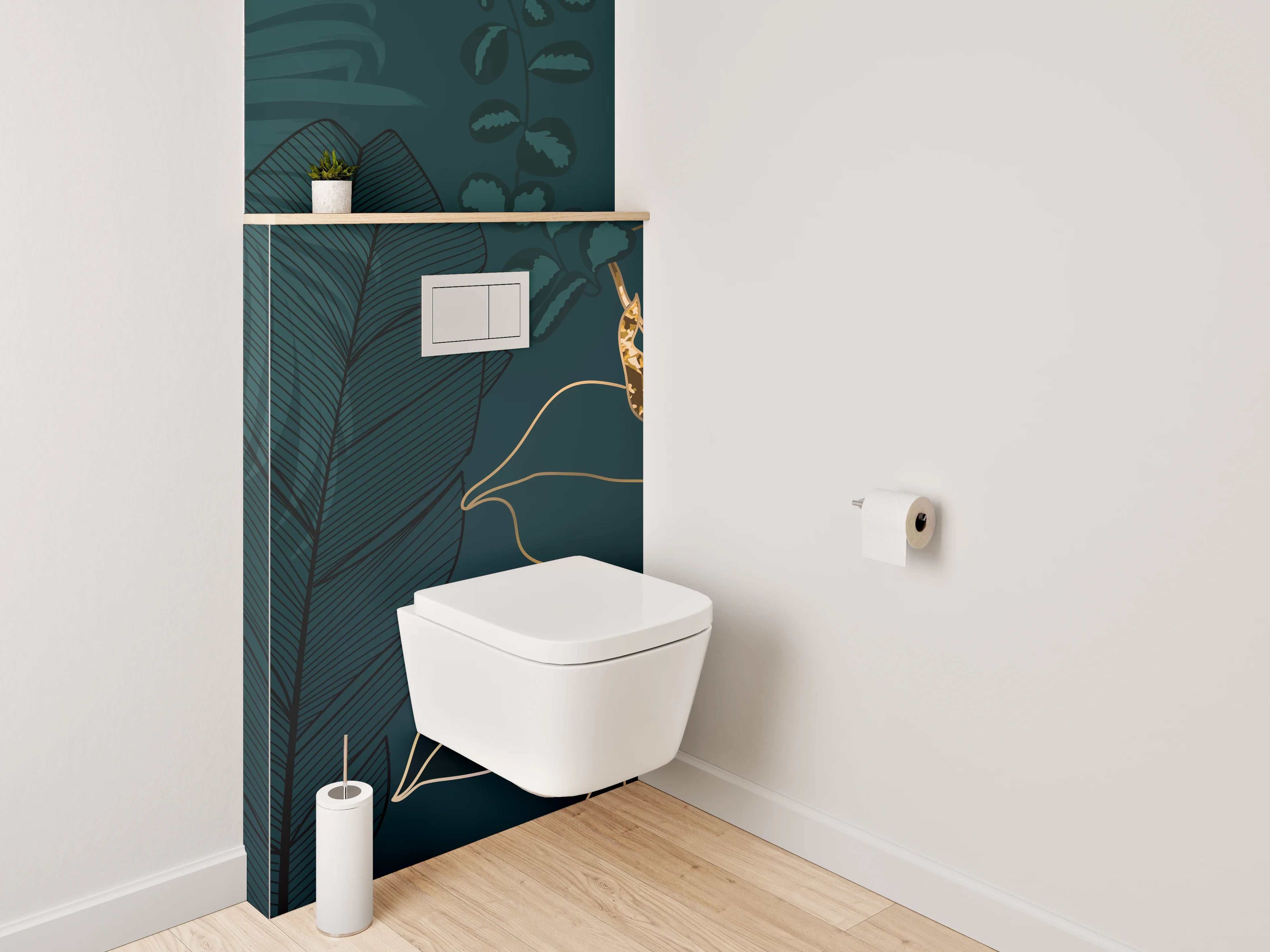 WC-Rückwand - Goldene Botanical Lineart auf Dunkelgrün