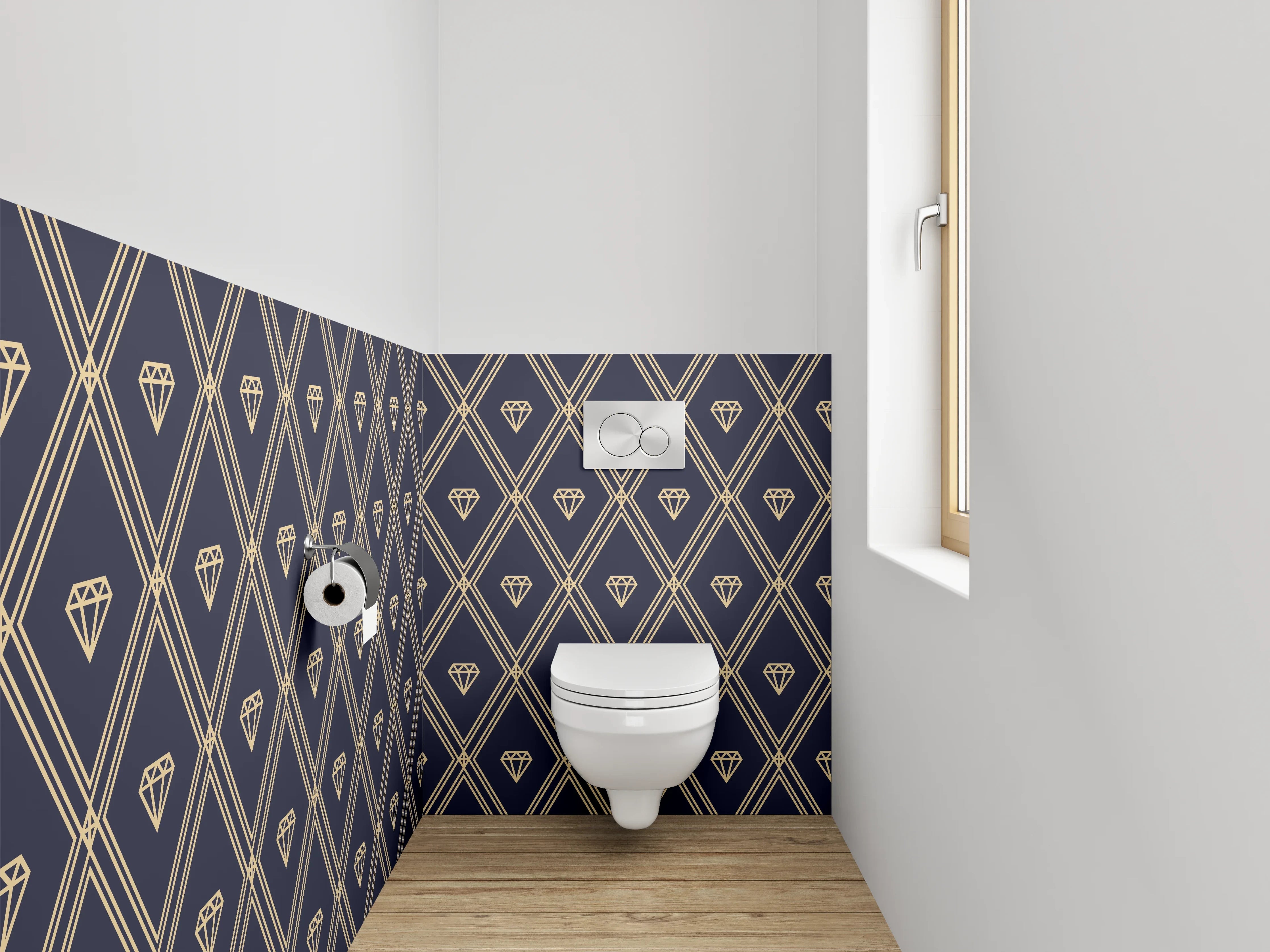 WC-Rückwand - Goldene Diamant-Muster Tapete Dunkelblau