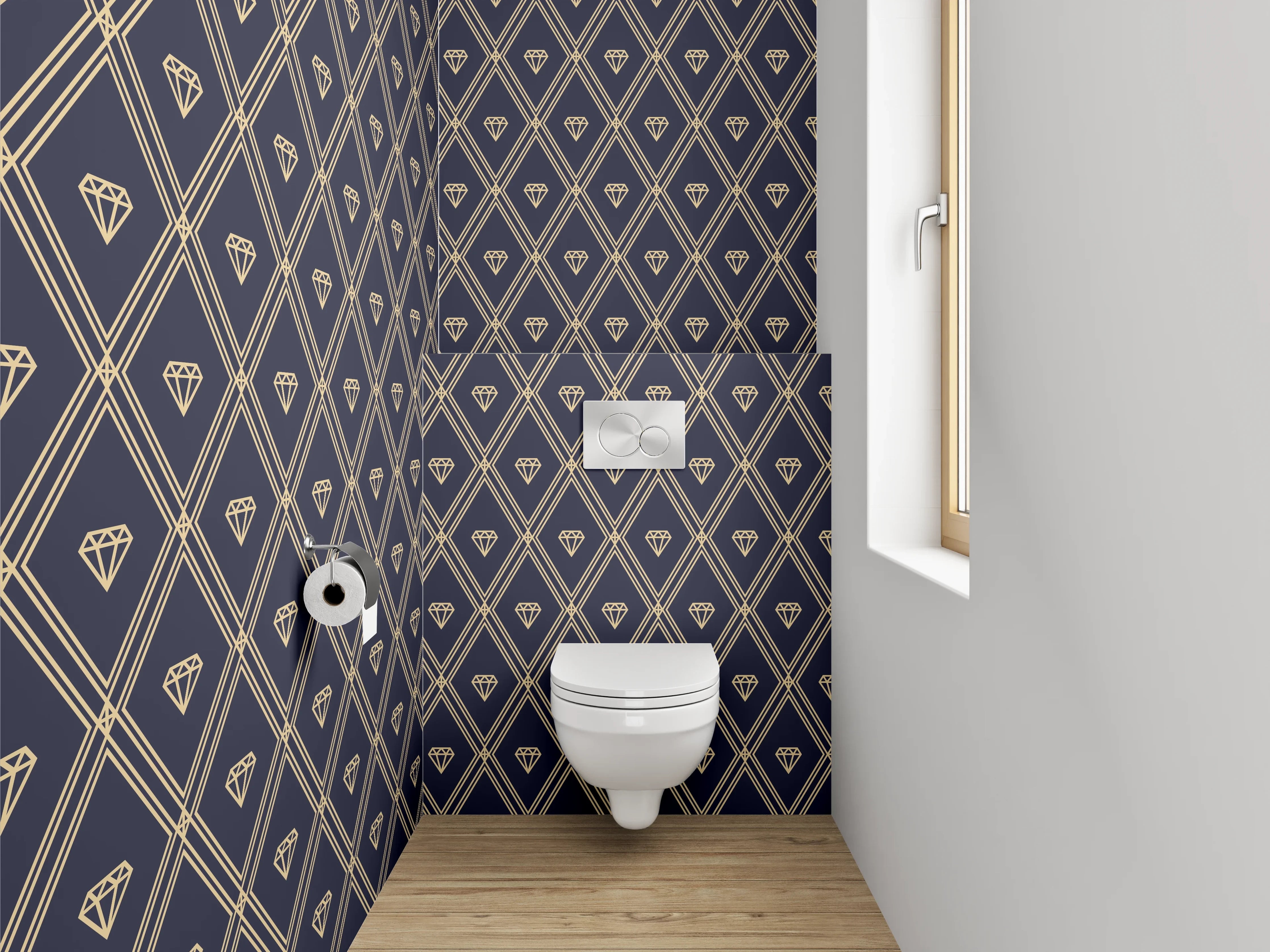 WC-Rückwand - Goldene Diamant-Muster Tapete Dunkelblau