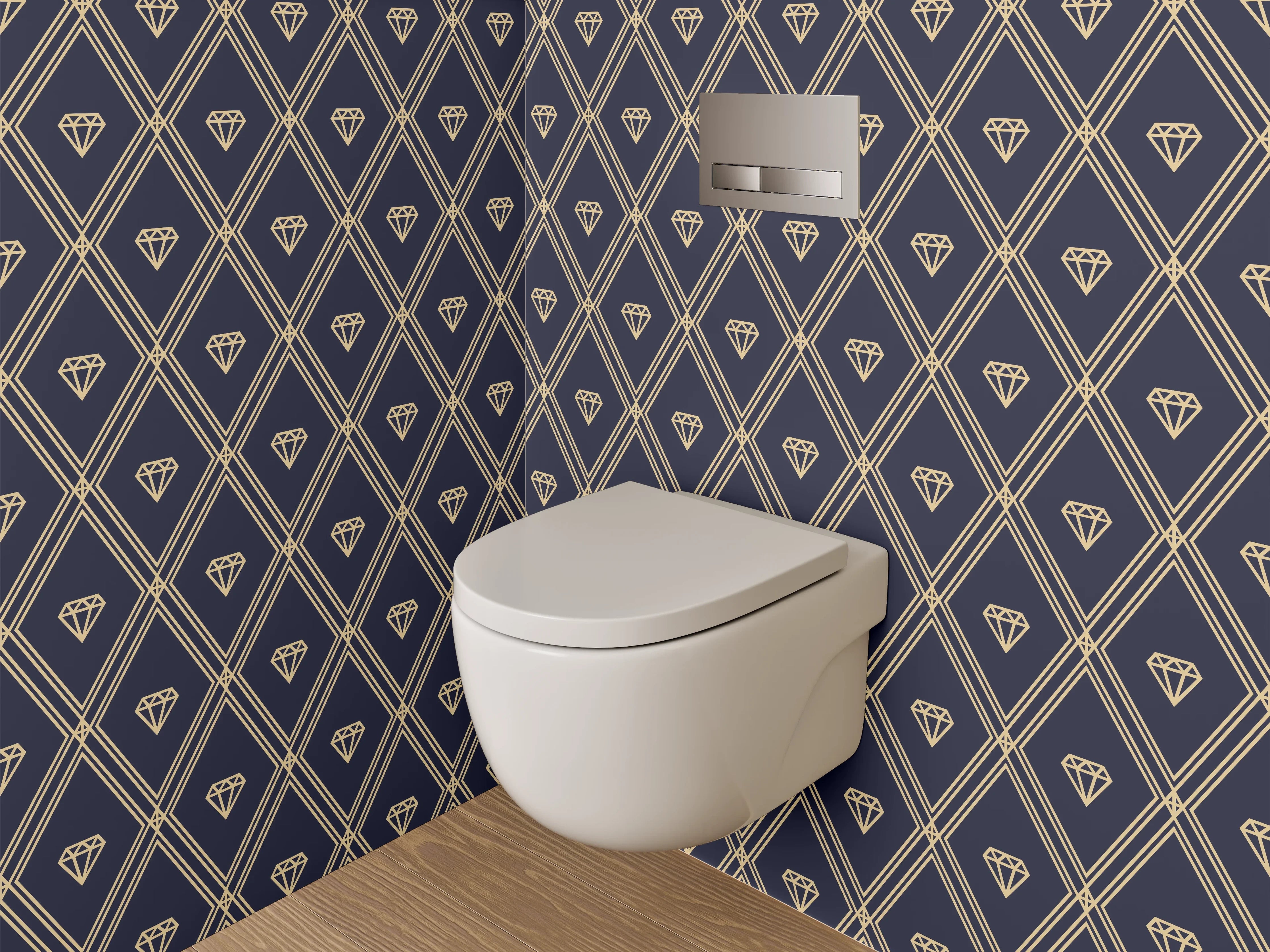 WC-Rückwand - Goldene Diamant-Muster Tapete Dunkelblau