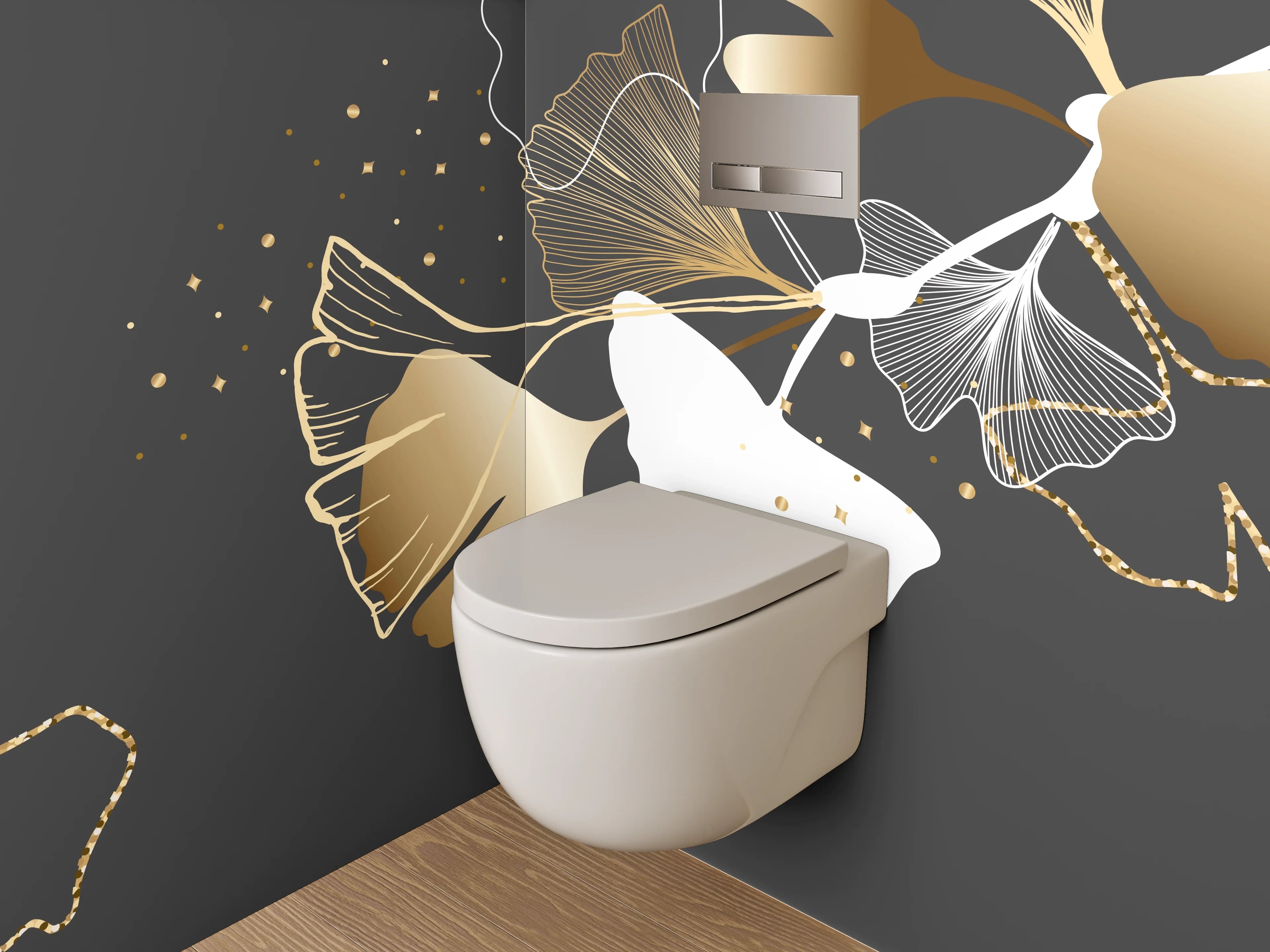 WC-Rückwand - Goldene Ginkgo-Blätter auf Schwarz