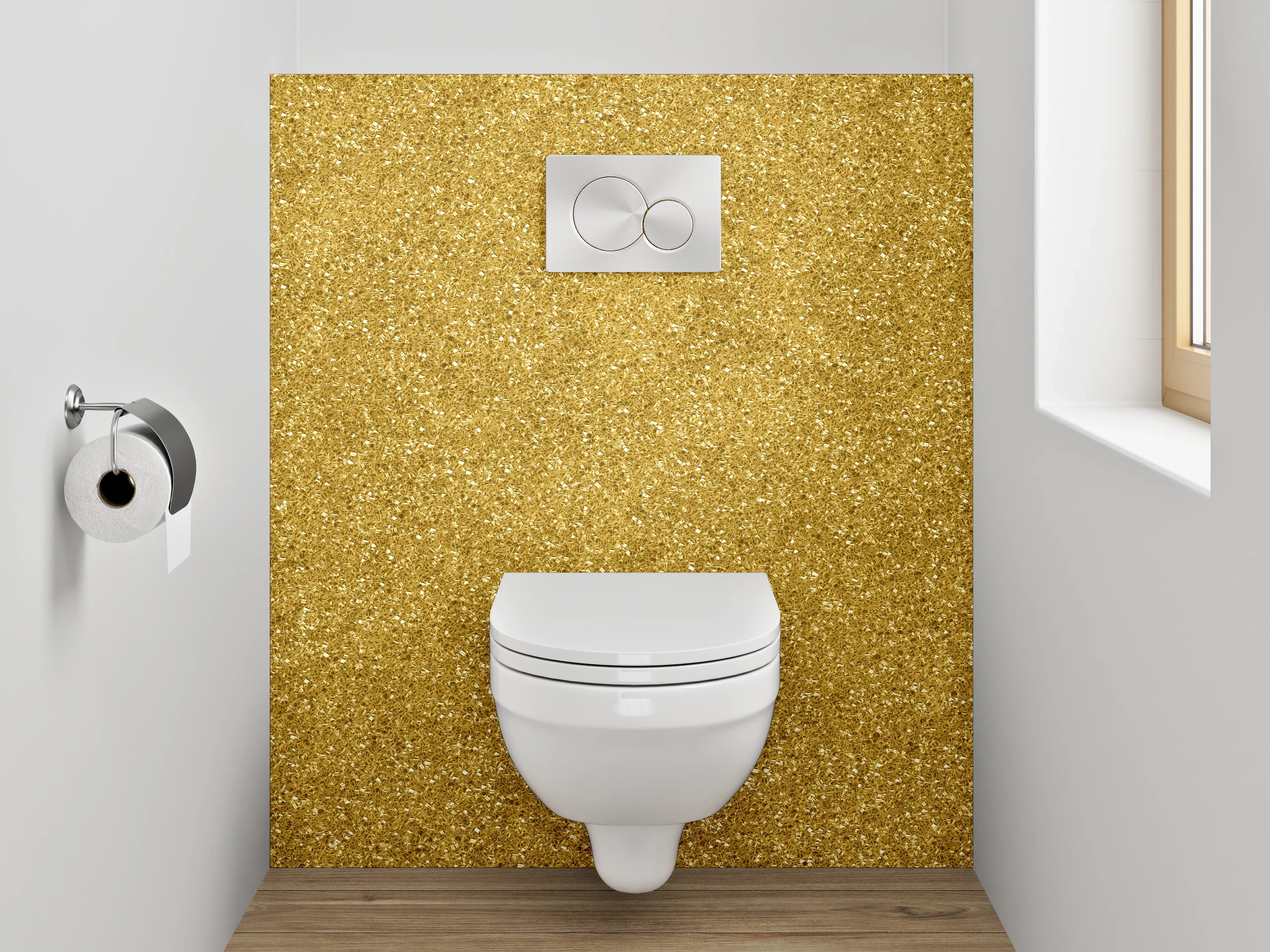 WC-Rückwand - Goldene Glitzerstruktur Glam Effekt