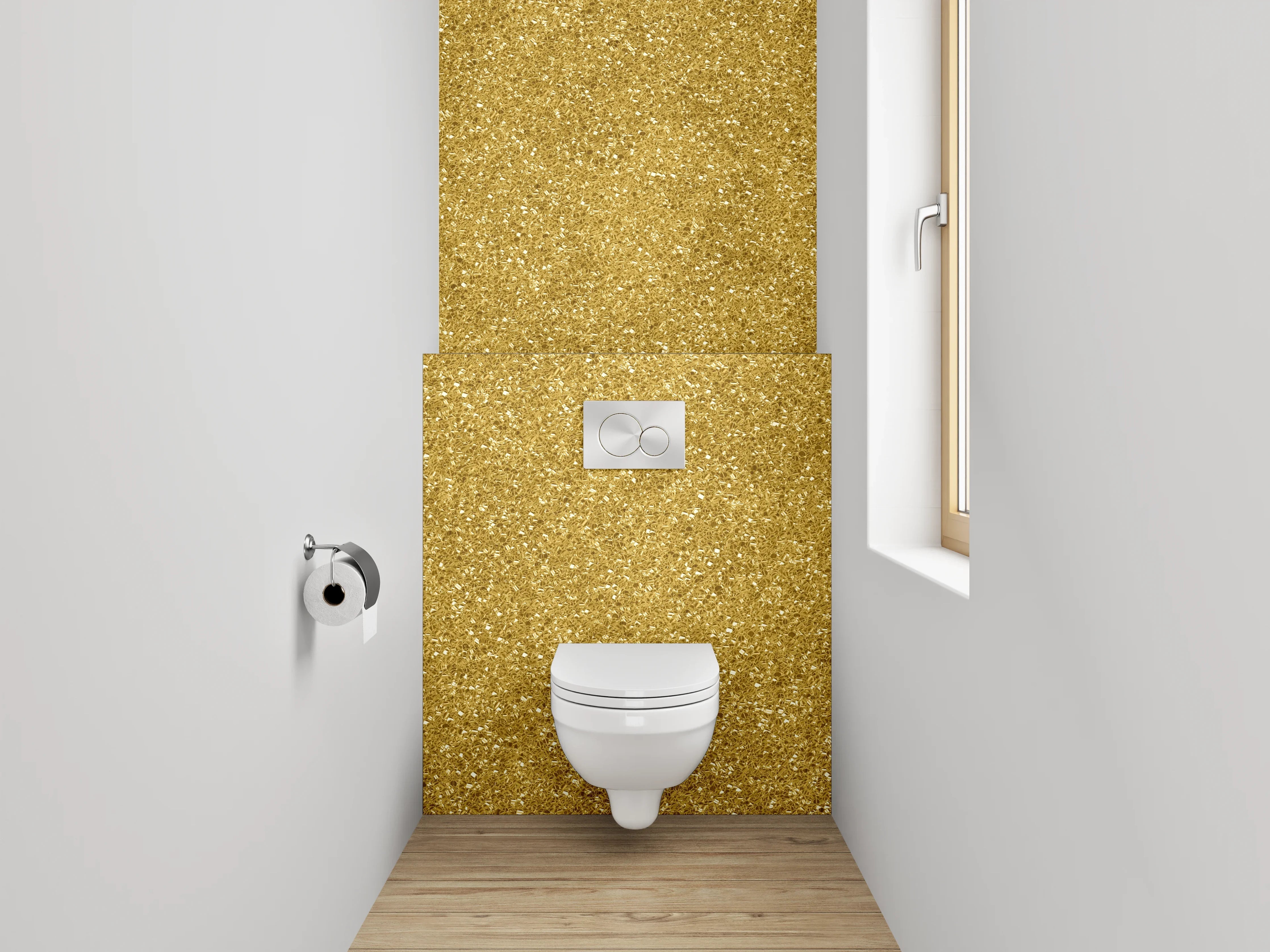 WC-Rückwand - Goldene Glitzerstruktur Glam Effekt