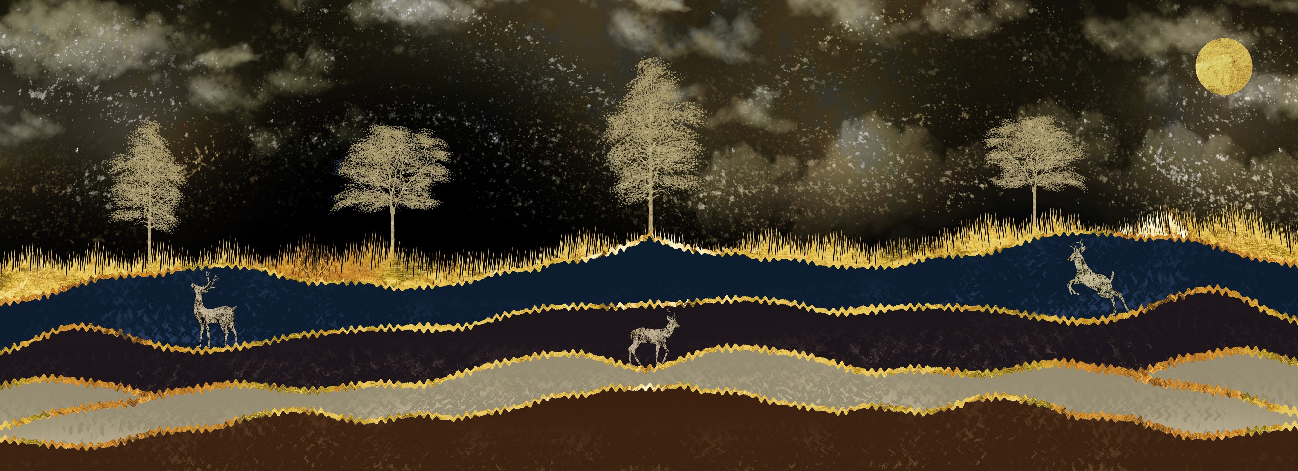 WC-Rückwand-Goldene Hirsch-Landschaft im Mondlicht
