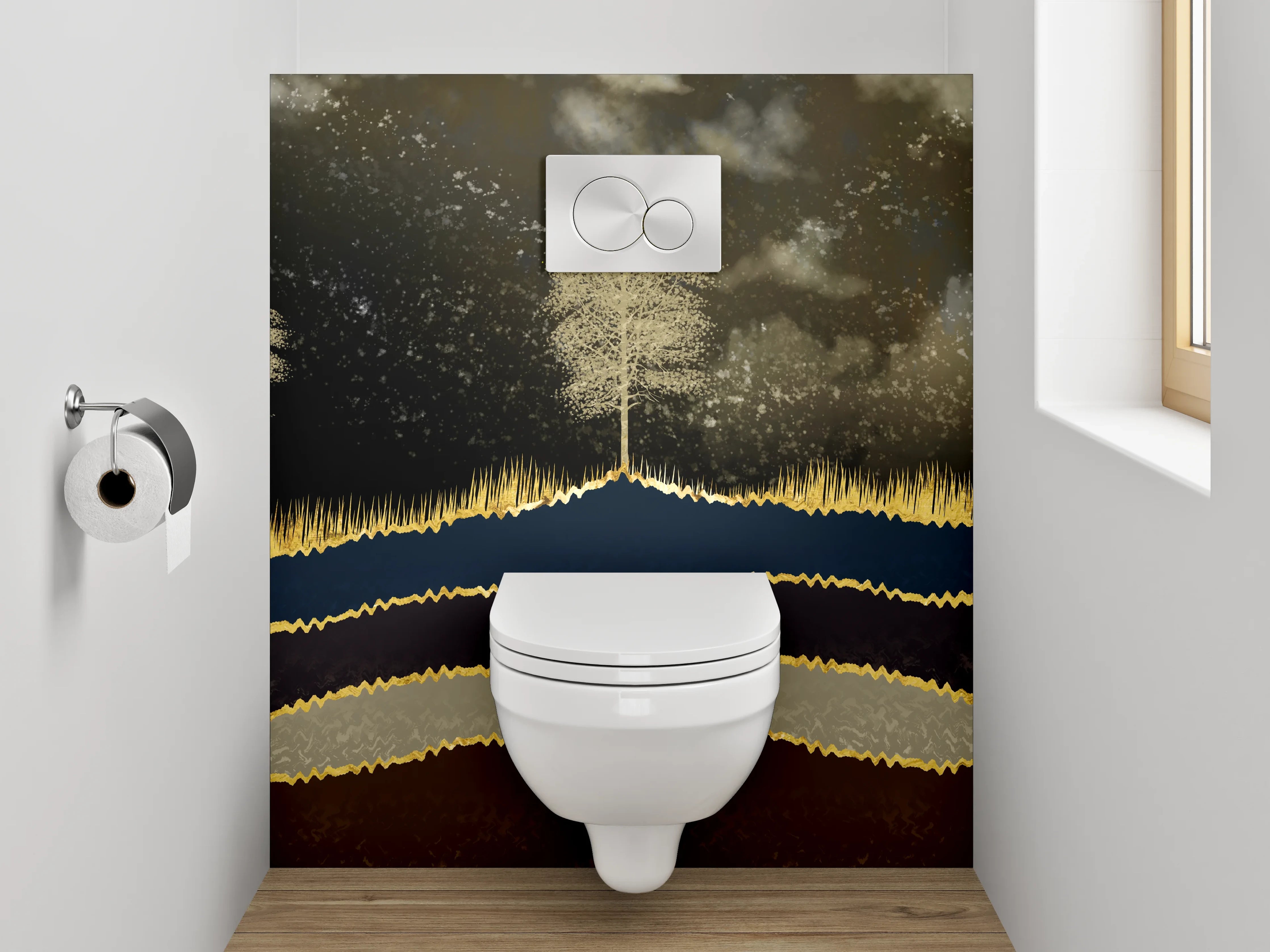 WC-Rückwand - Goldene Hirsch-Landschaft im Mondlicht