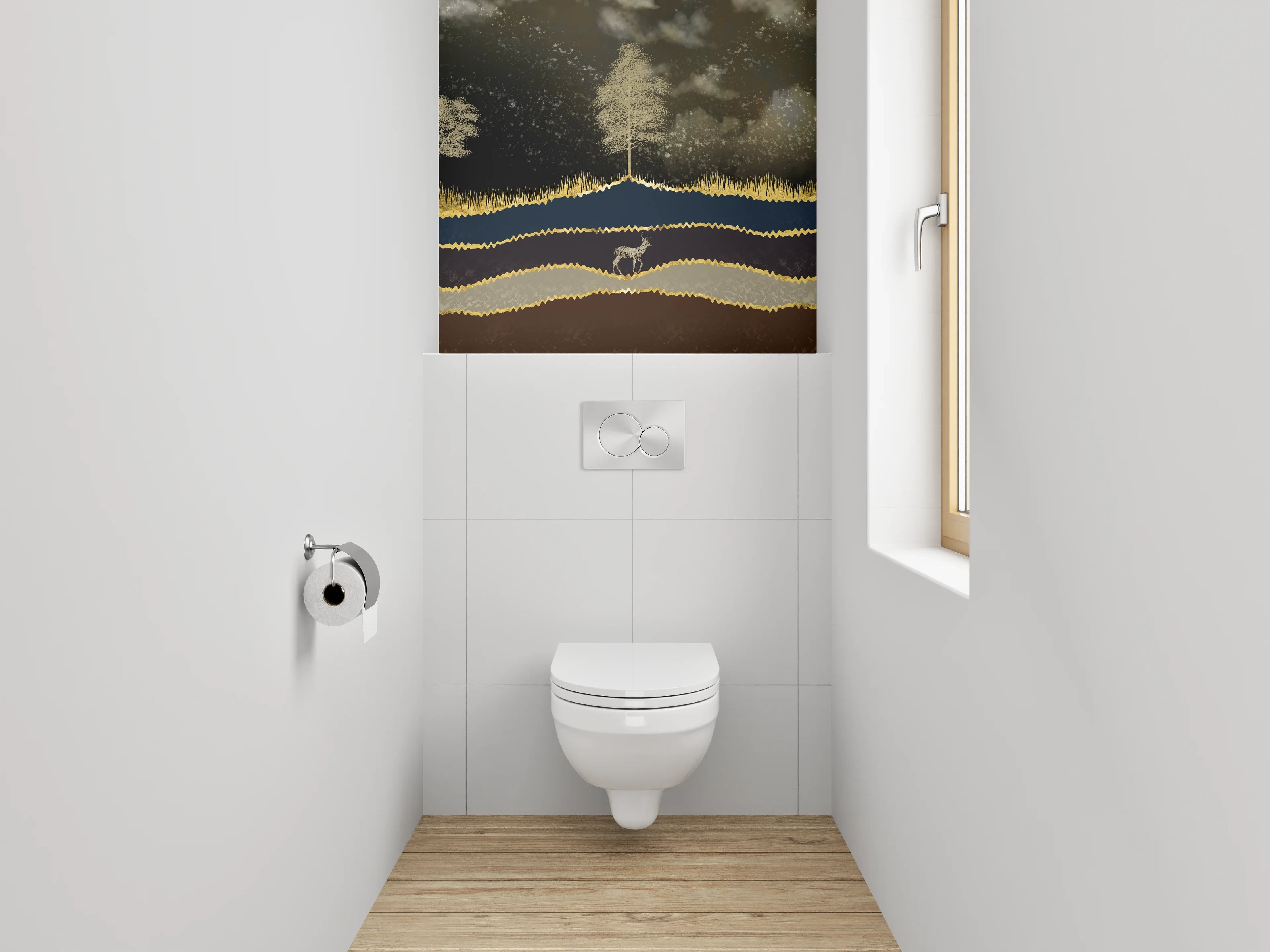 WC-Rückwand - Goldene Hirsch-Landschaft im Mondlicht