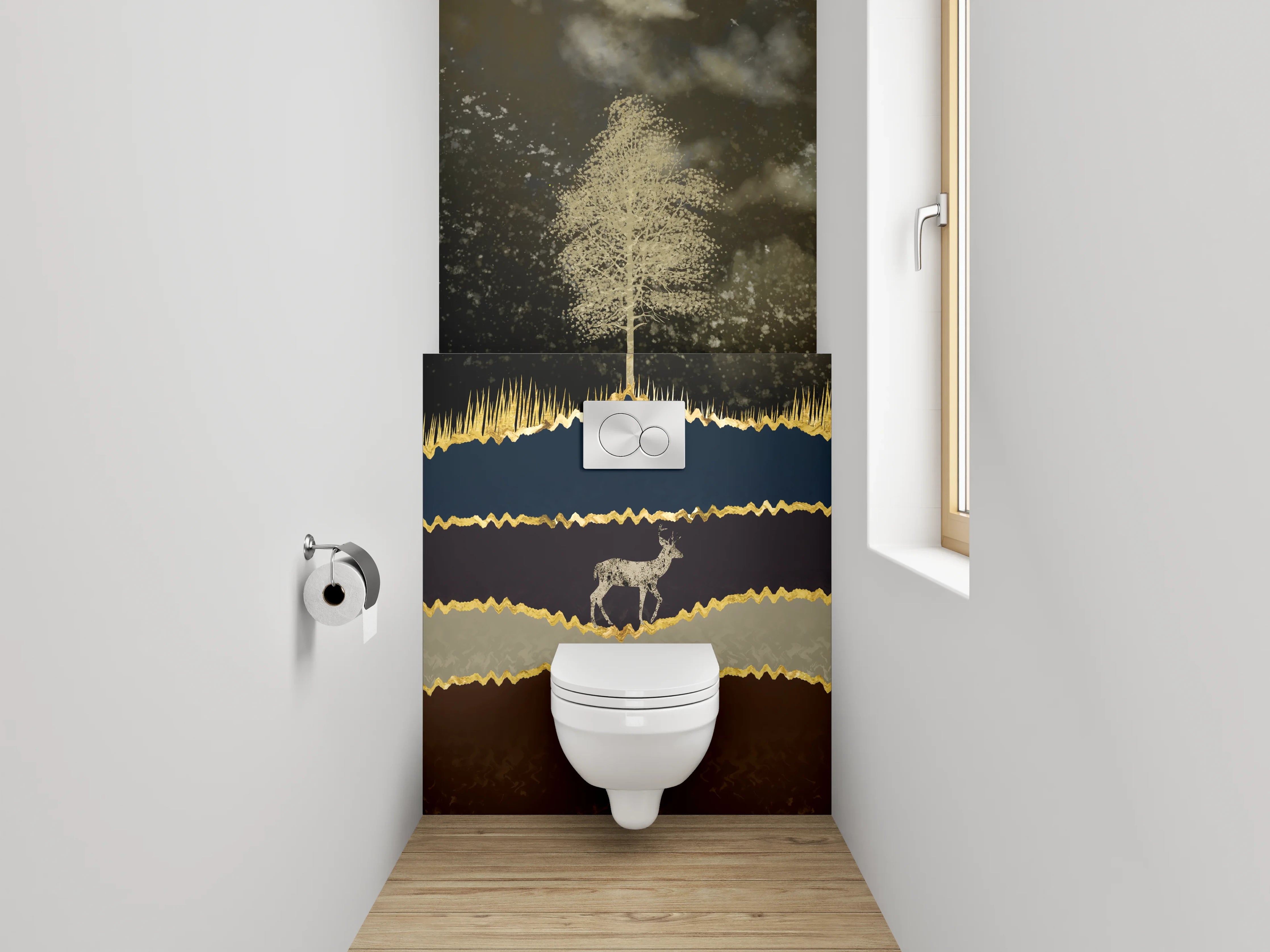 WC-Rückwand - Goldene Hirsch-Landschaft im Mondlicht