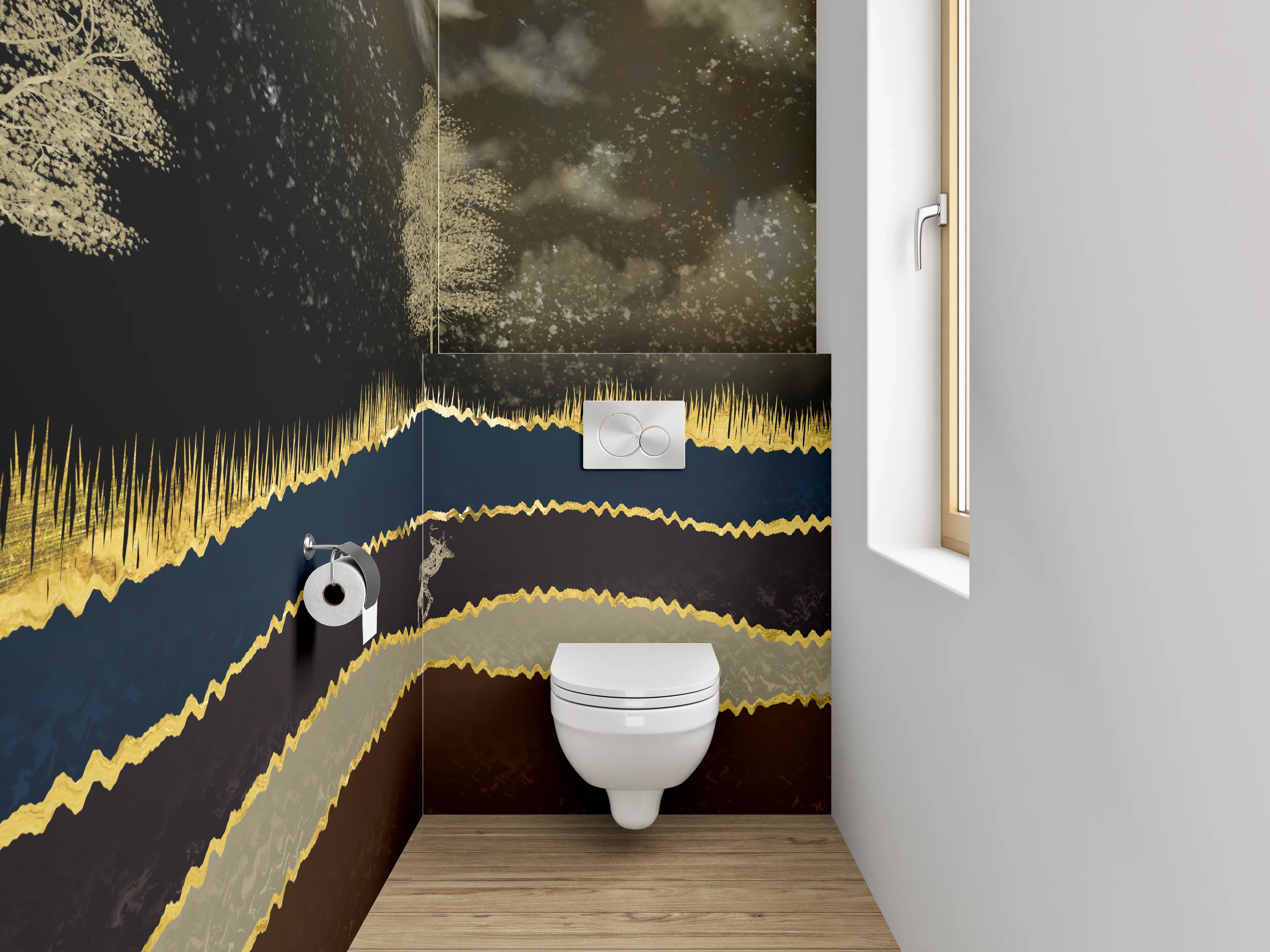 WC-Rückwand - Goldene Hirsch-Landschaft im Mondlicht