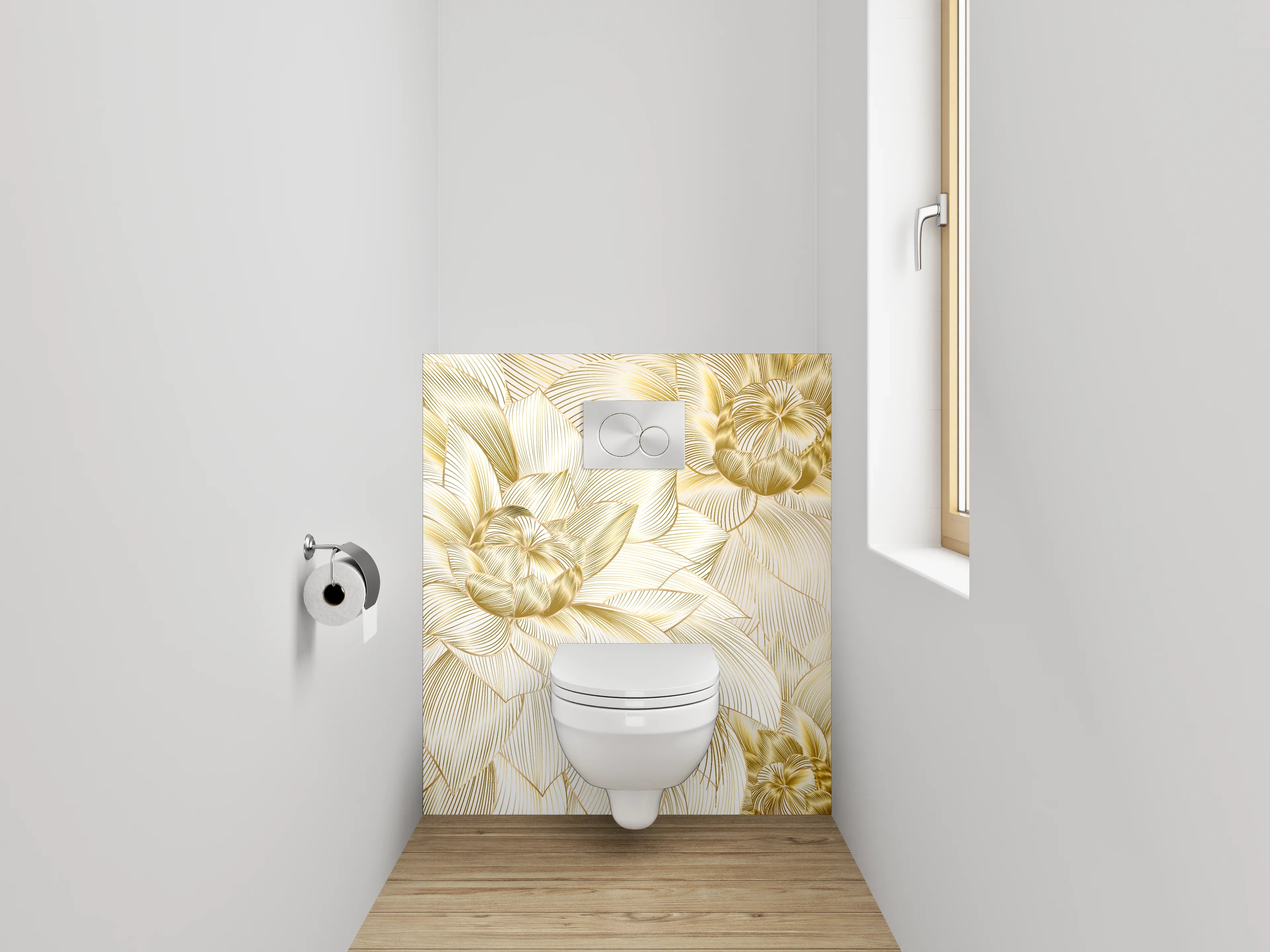 WC-Rückwand - Goldene Lineart-Blüten auf Creme