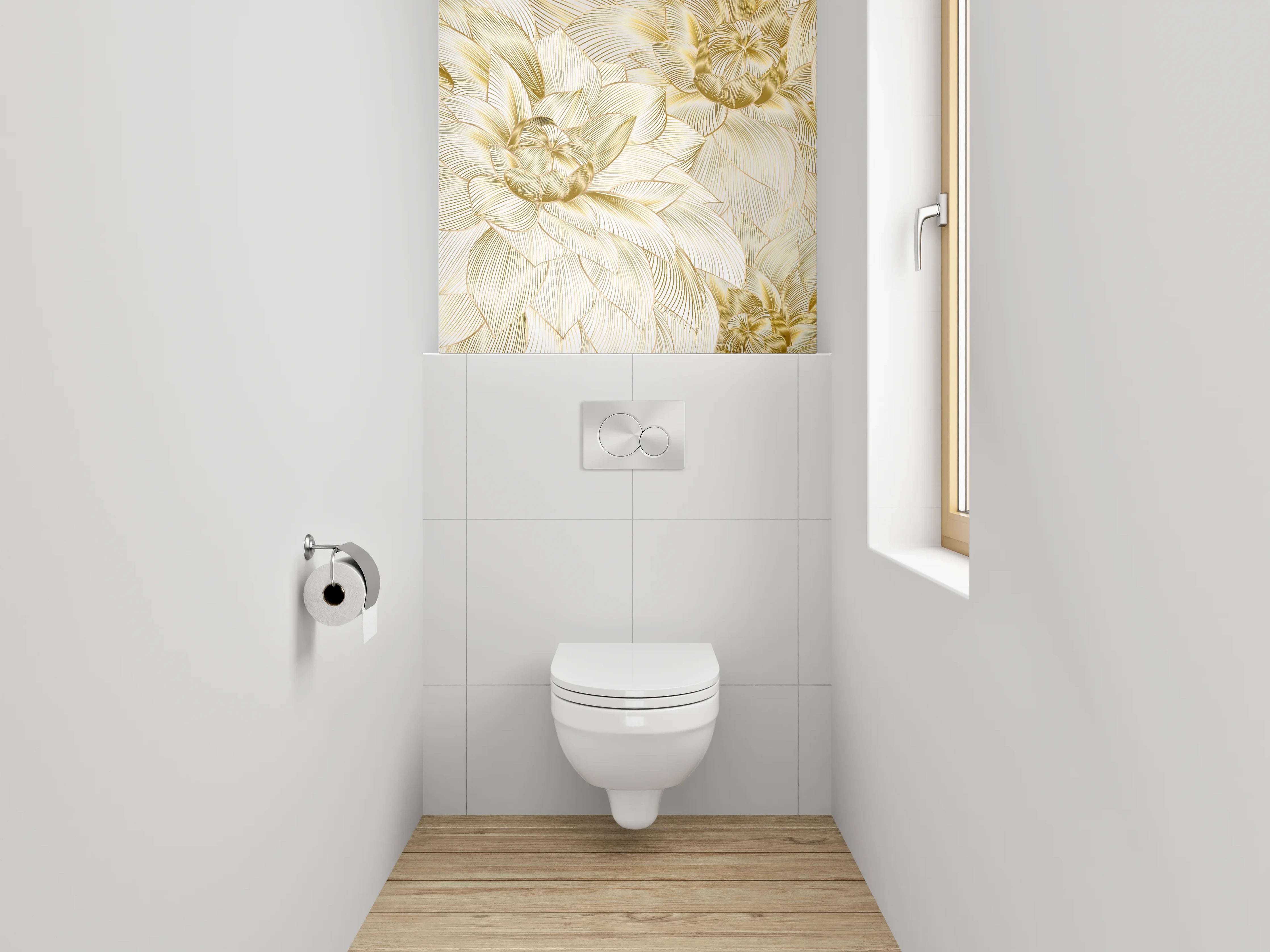 WC-Rückwand - Goldene Lineart-Blüten auf Creme