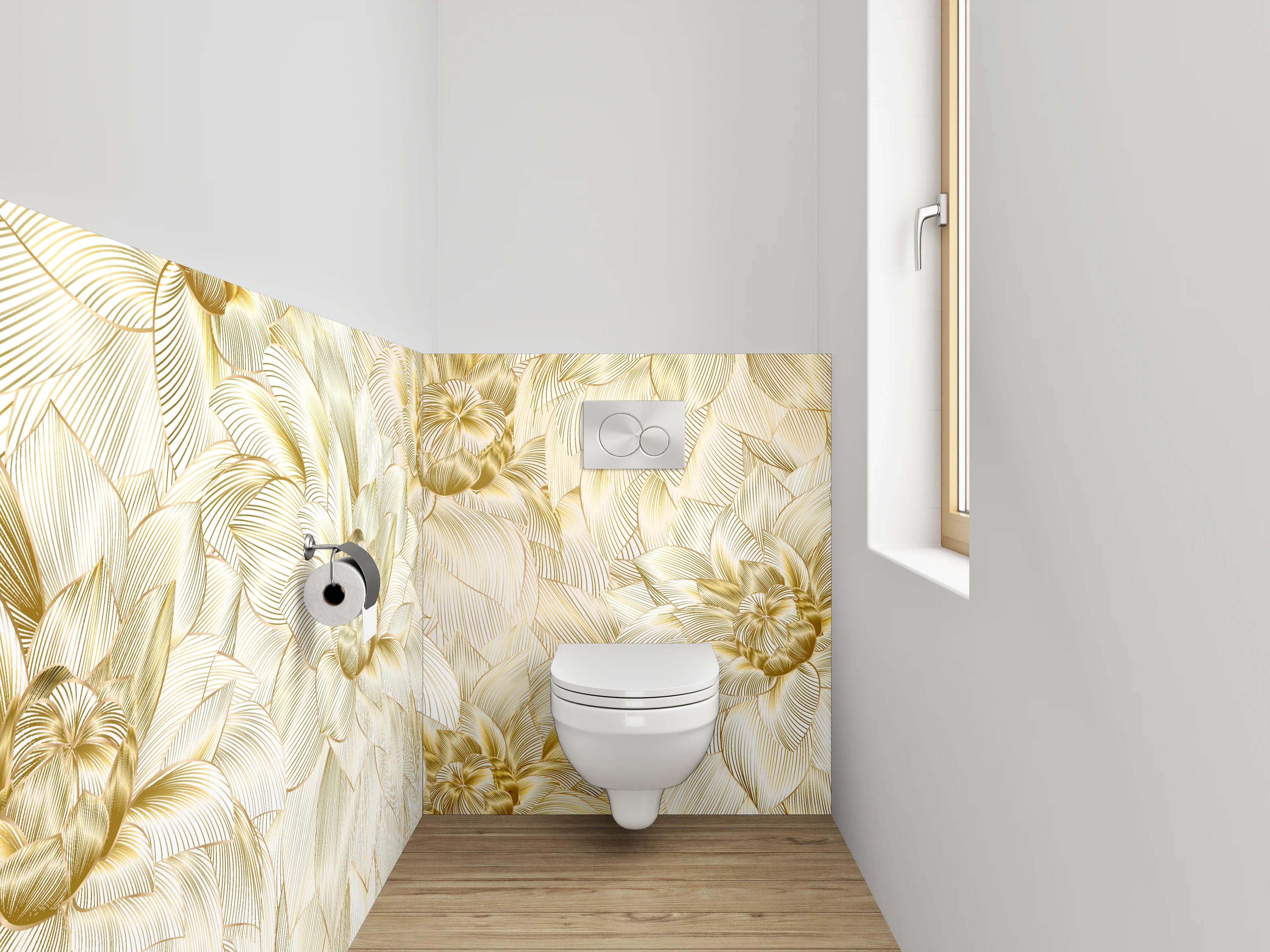 WC-Rückwand - Goldene Lineart-Blüten auf Creme