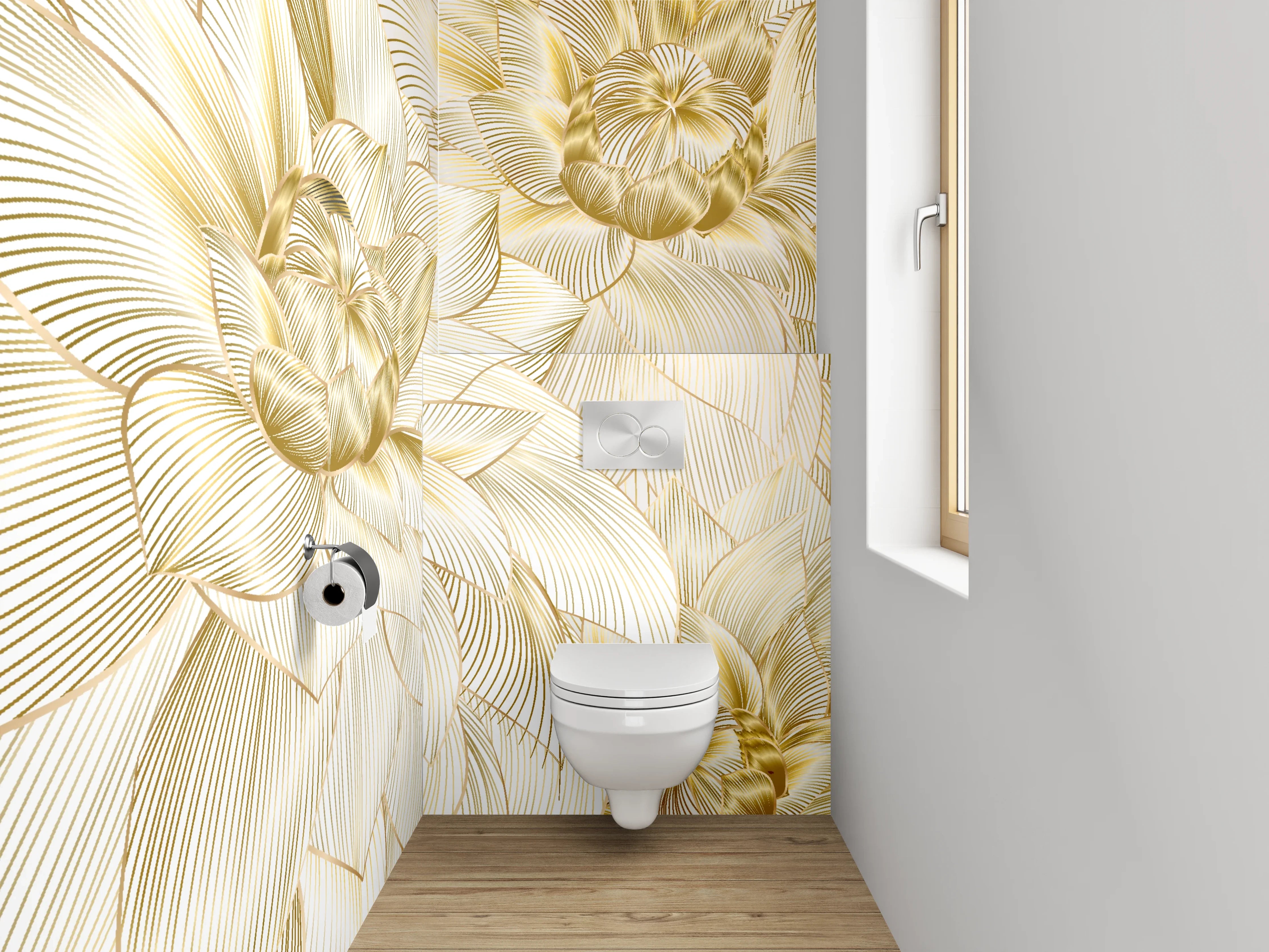 WC-Rückwand - Goldene Lineart-Blüten auf Creme