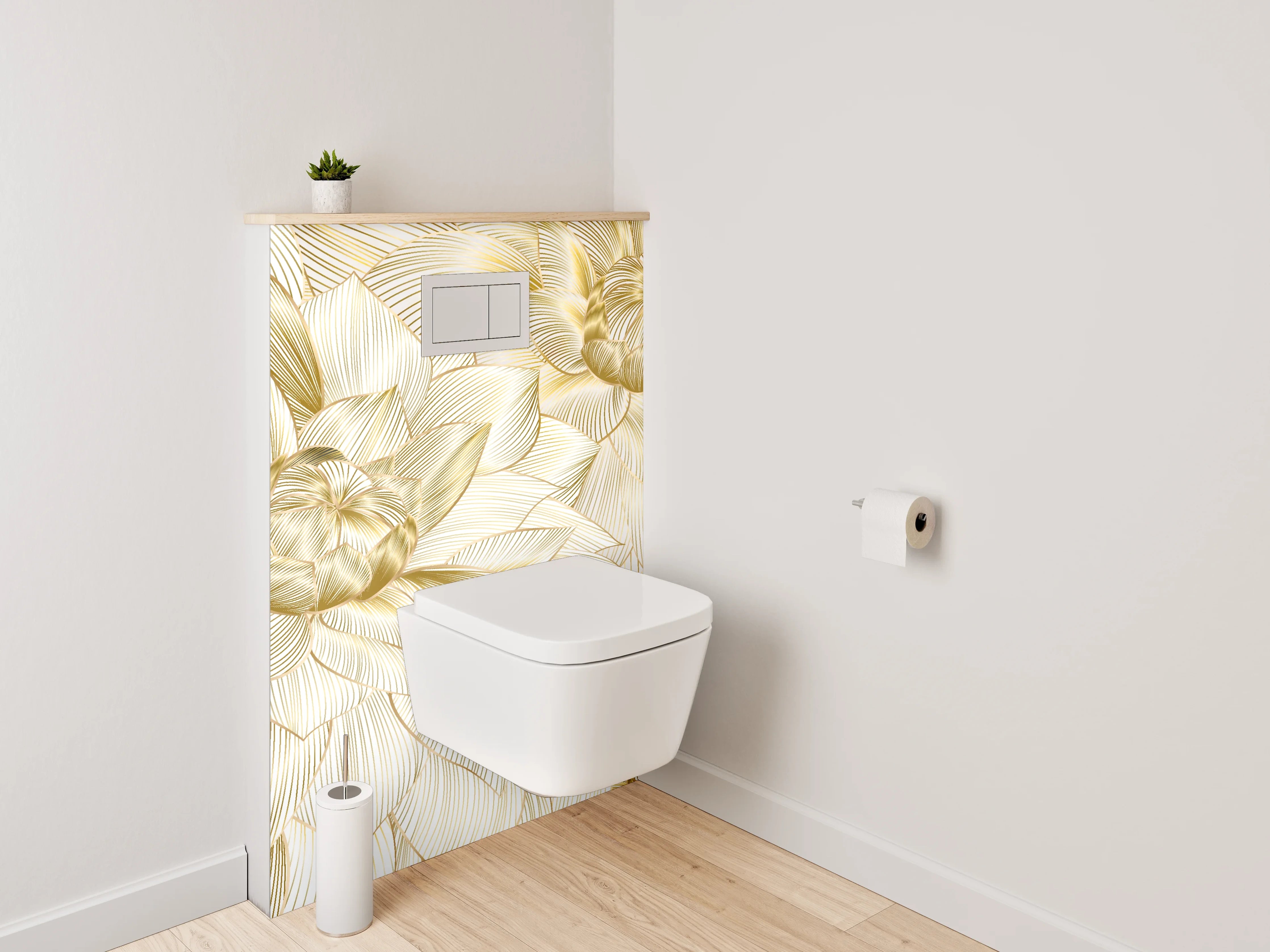 WC-Rückwand - Goldene Lineart-Blüten auf Creme