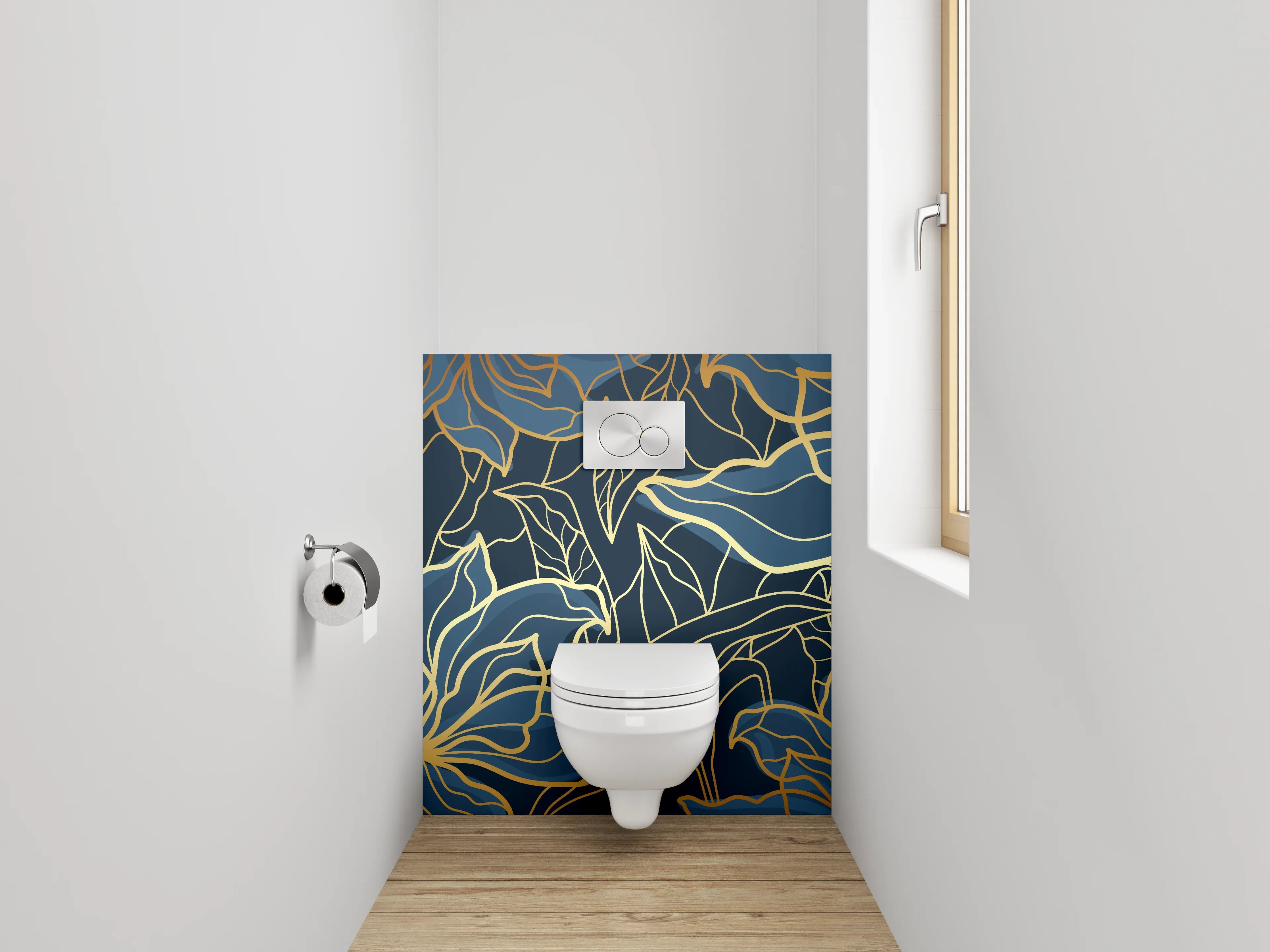 WC-Rückwand - Goldene Lineart-Blumen auf Dunkelblau