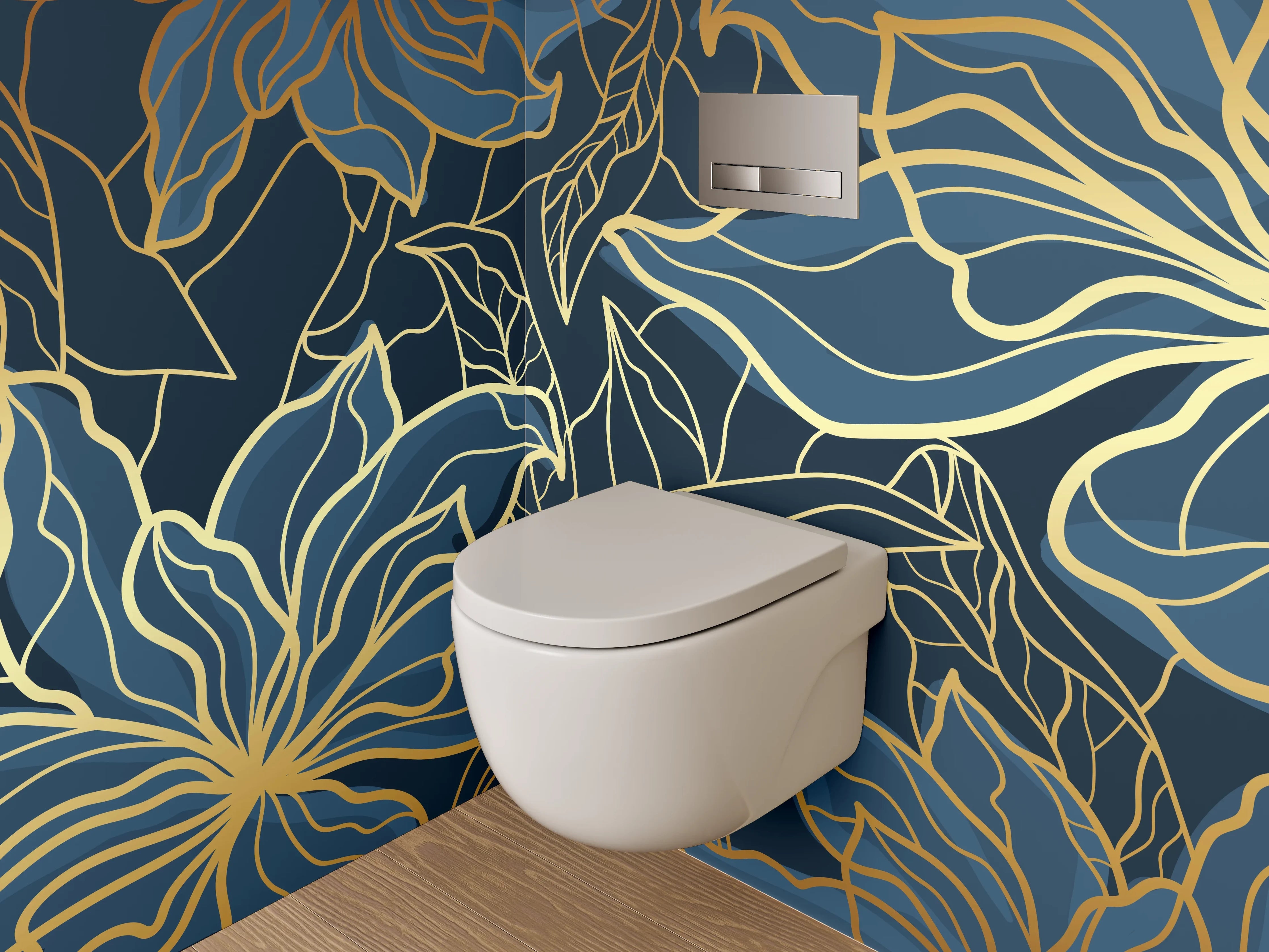 WC-Rückwand - Goldene Lineart-Blumen auf Dunkelblau