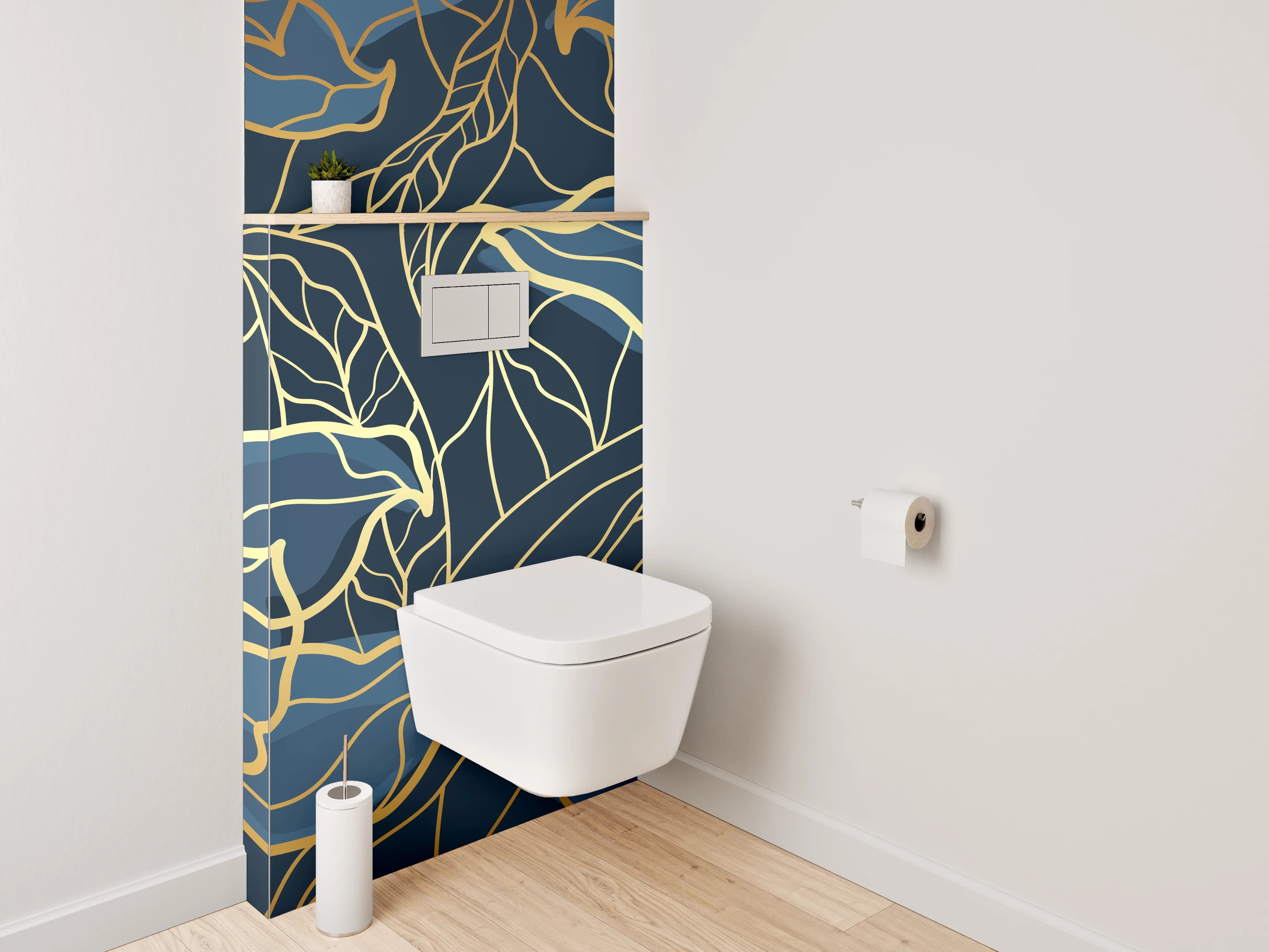 WC-Rückwand - Goldene Lineart-Blumen auf Dunkelblau