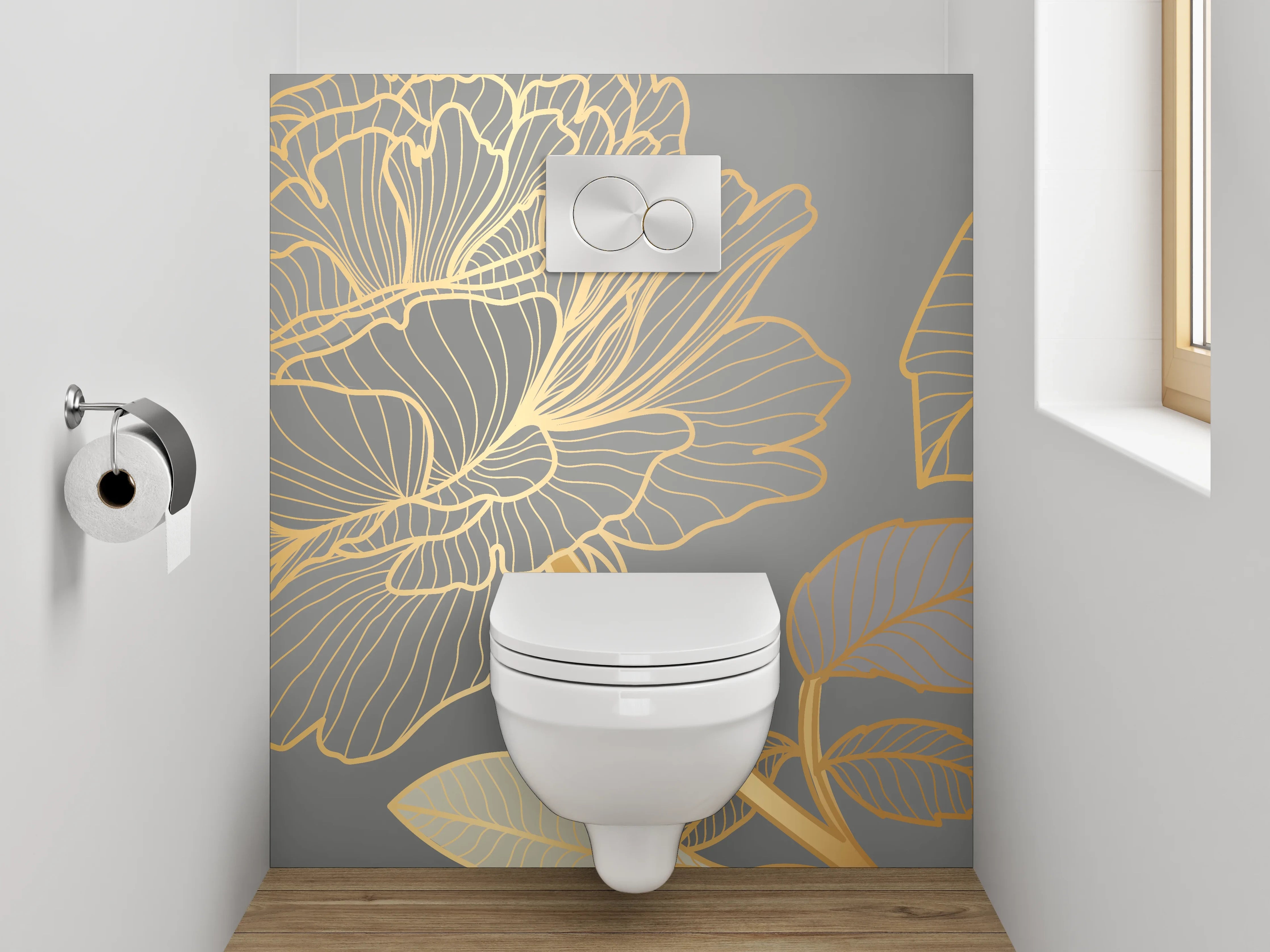 WC-Rückwand - Goldene Lineart-Blumen auf Grau