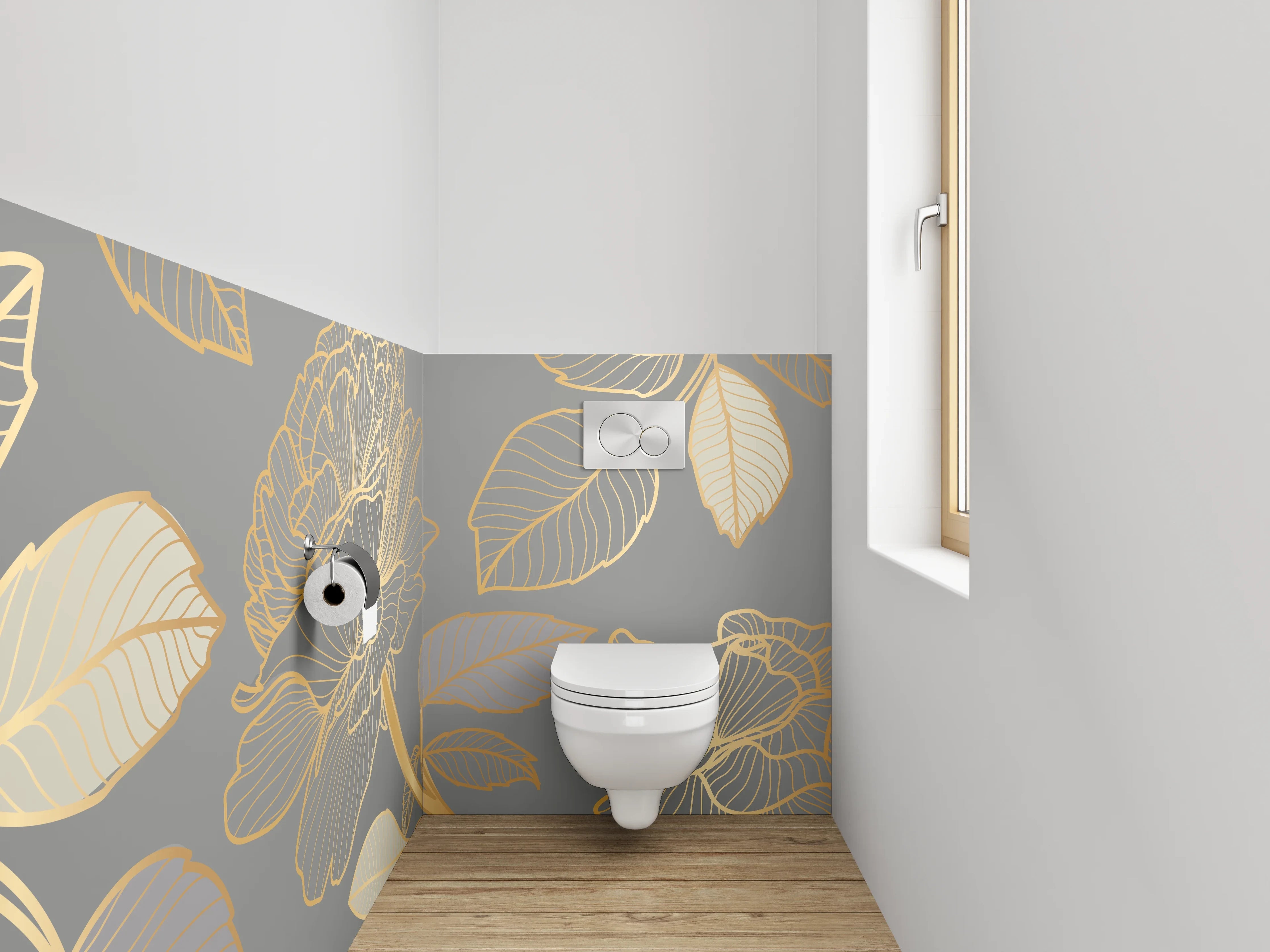 WC-Rückwand - Goldene Lineart-Blumen auf Grau