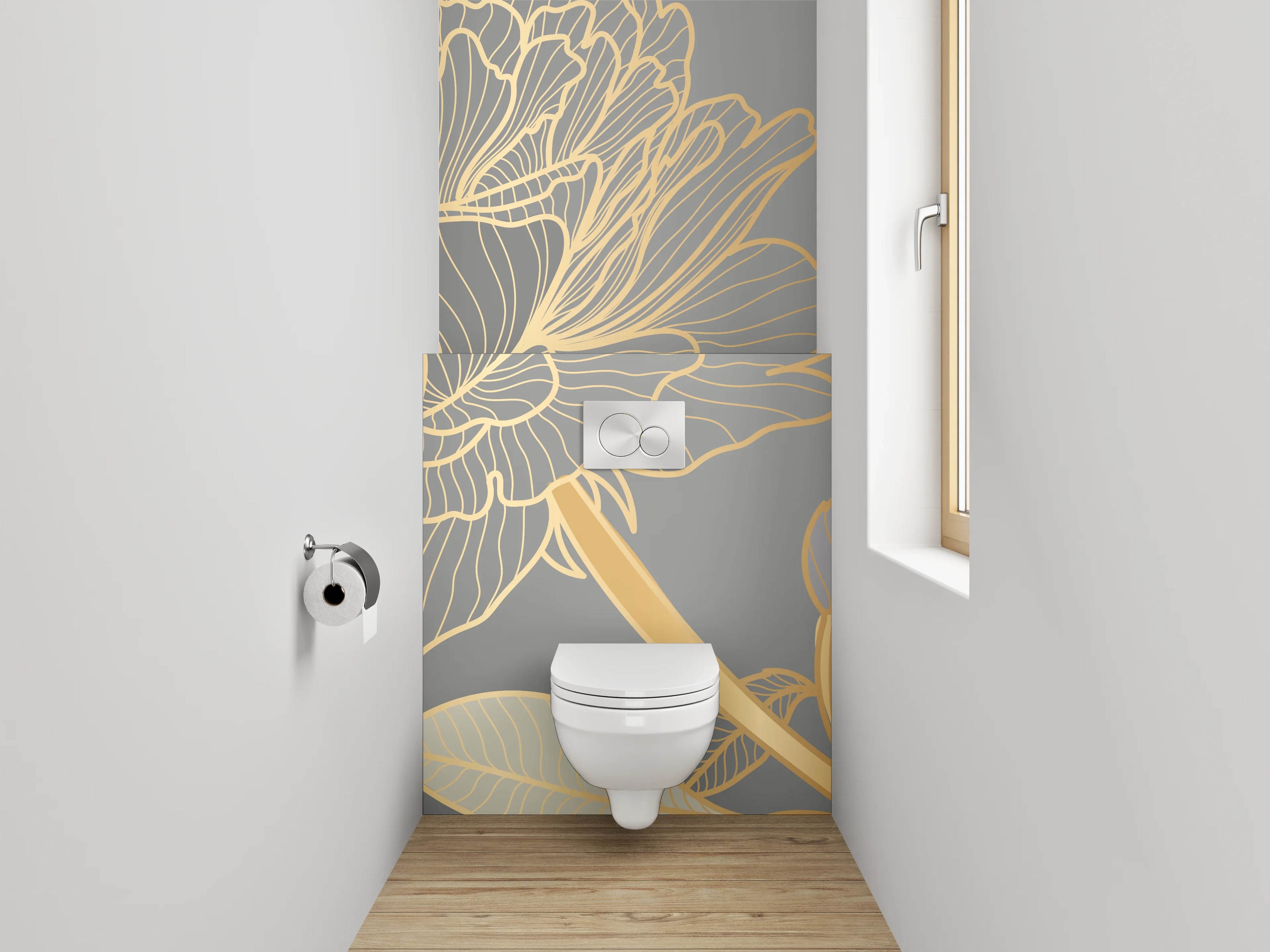 WC-Rückwand - Goldene Lineart-Blumen auf Grau