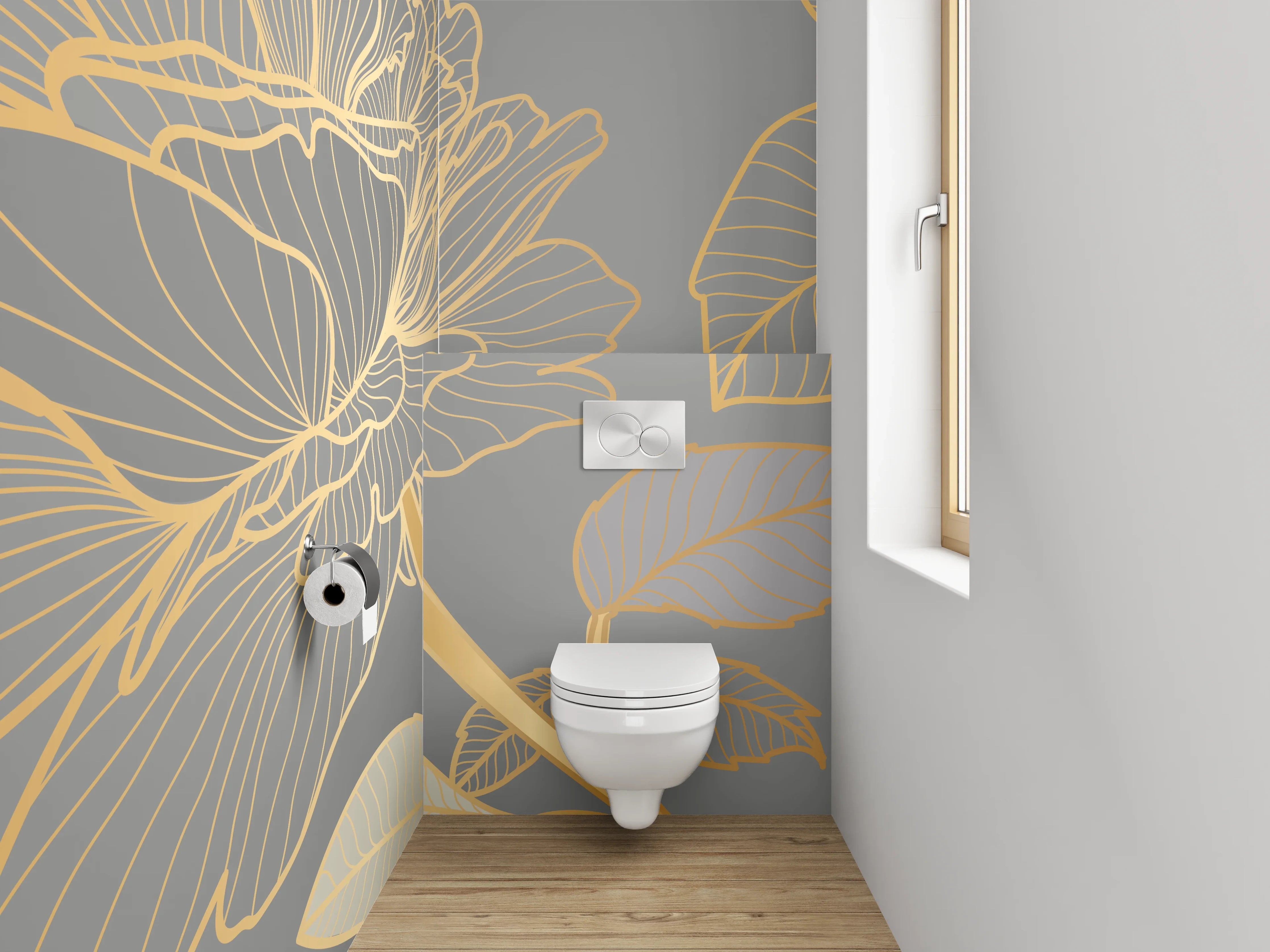 WC-Rückwand - Goldene Lineart-Blumen auf Grau