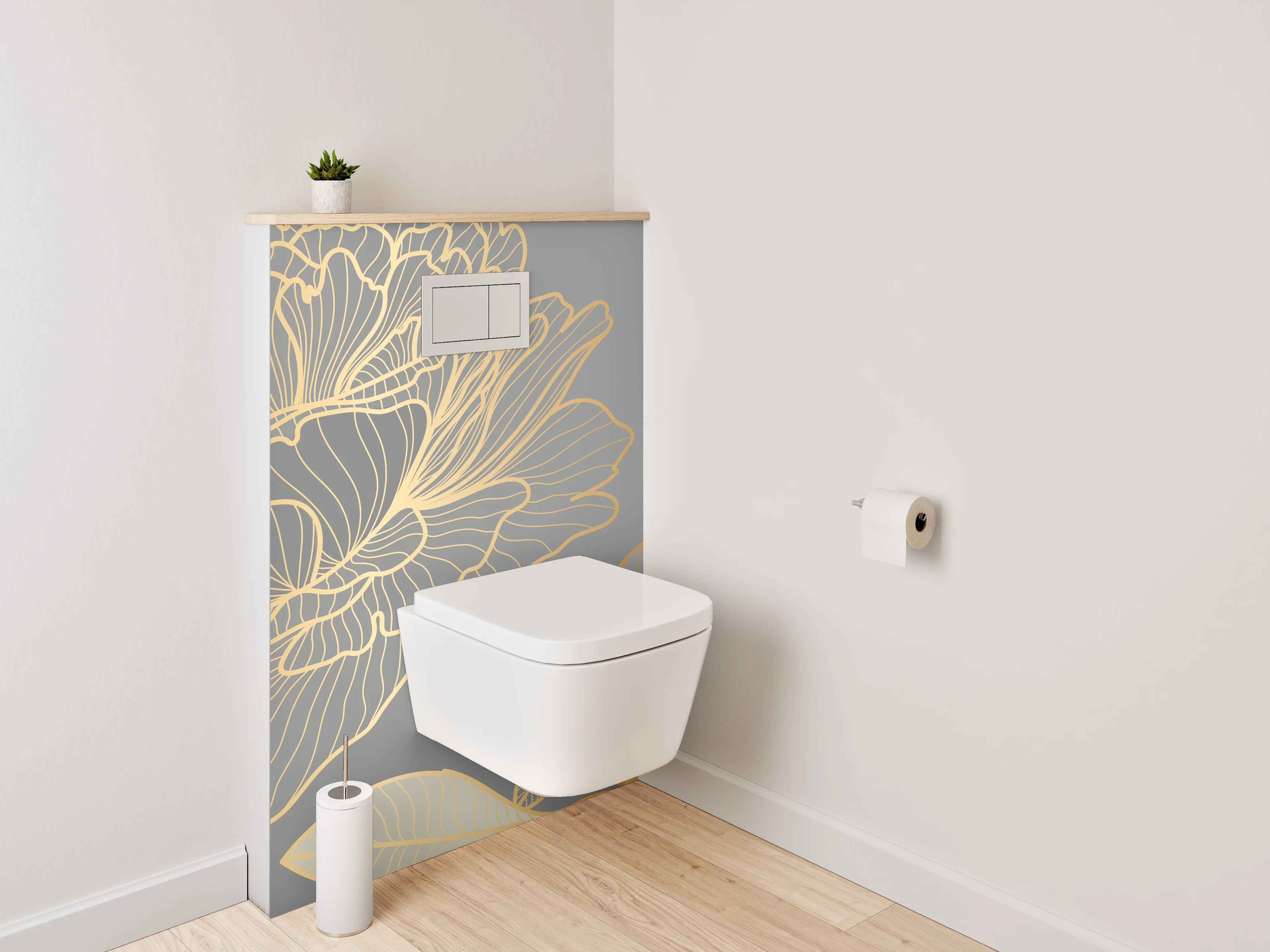 WC-Rückwand - Goldene Lineart-Blumen auf Grau
