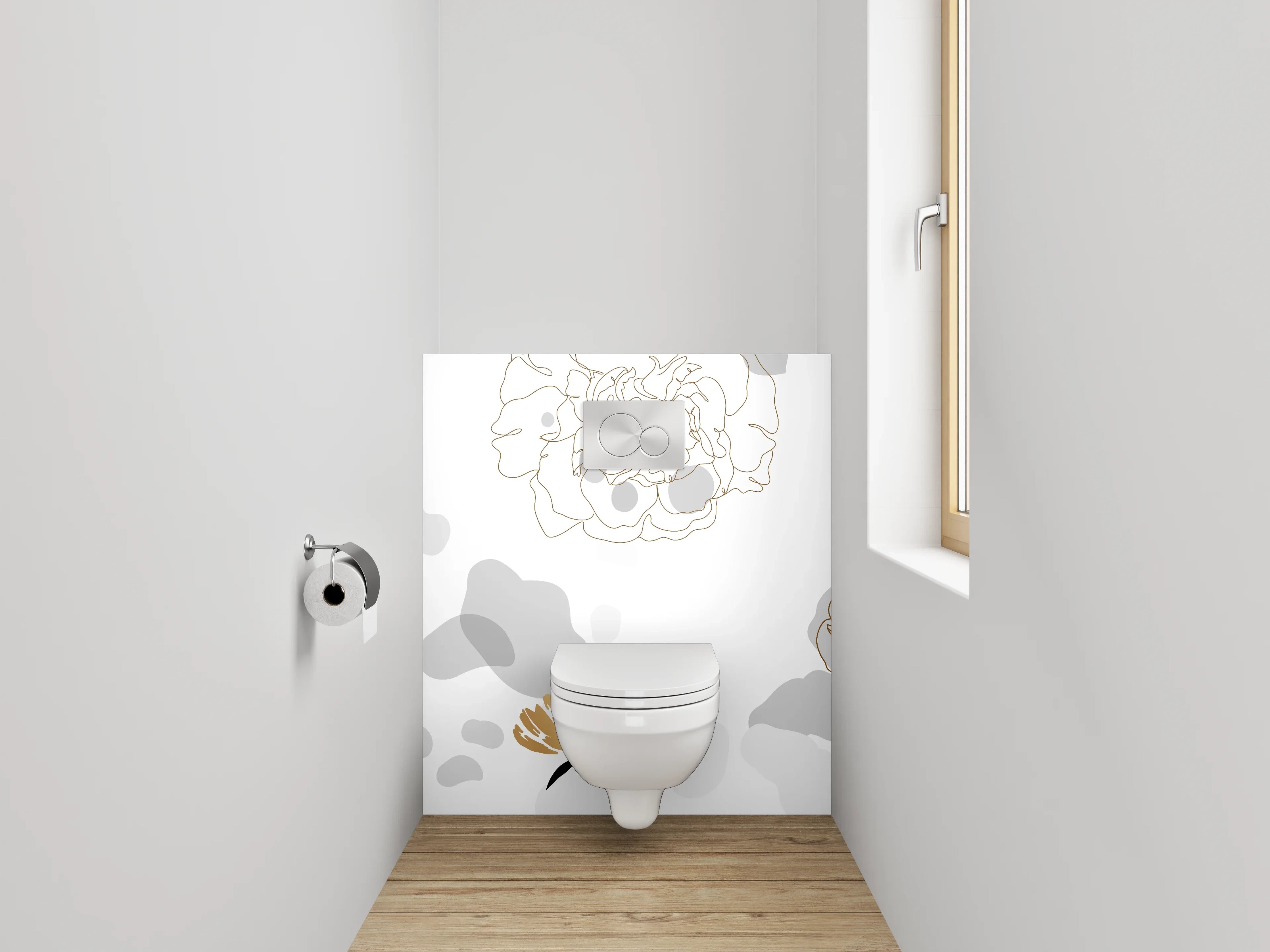 WC-Rückwand - Goldene Lineart Blumen auf Weiß