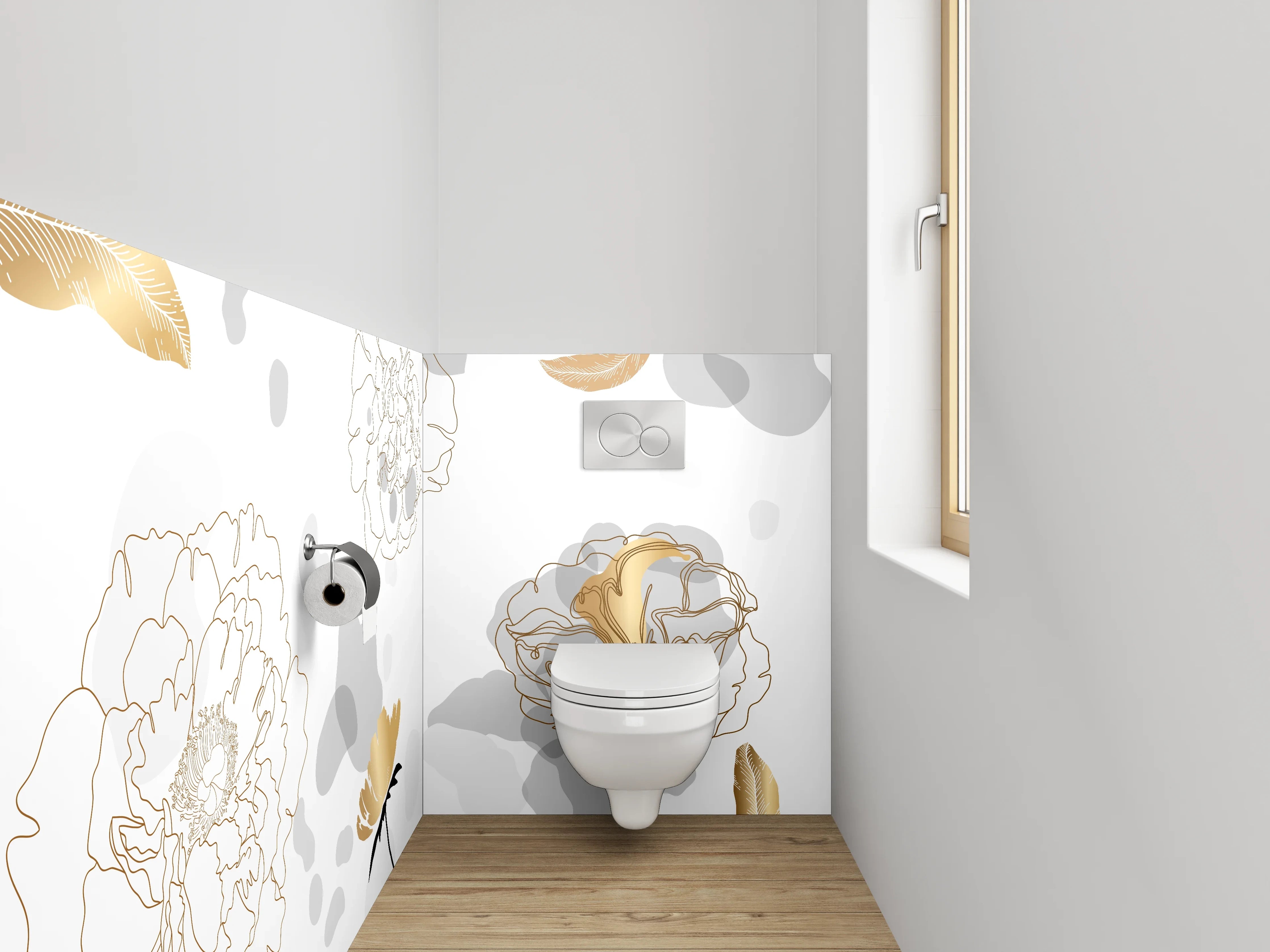 WC-Rückwand - Goldene Lineart Blumen auf Weiß