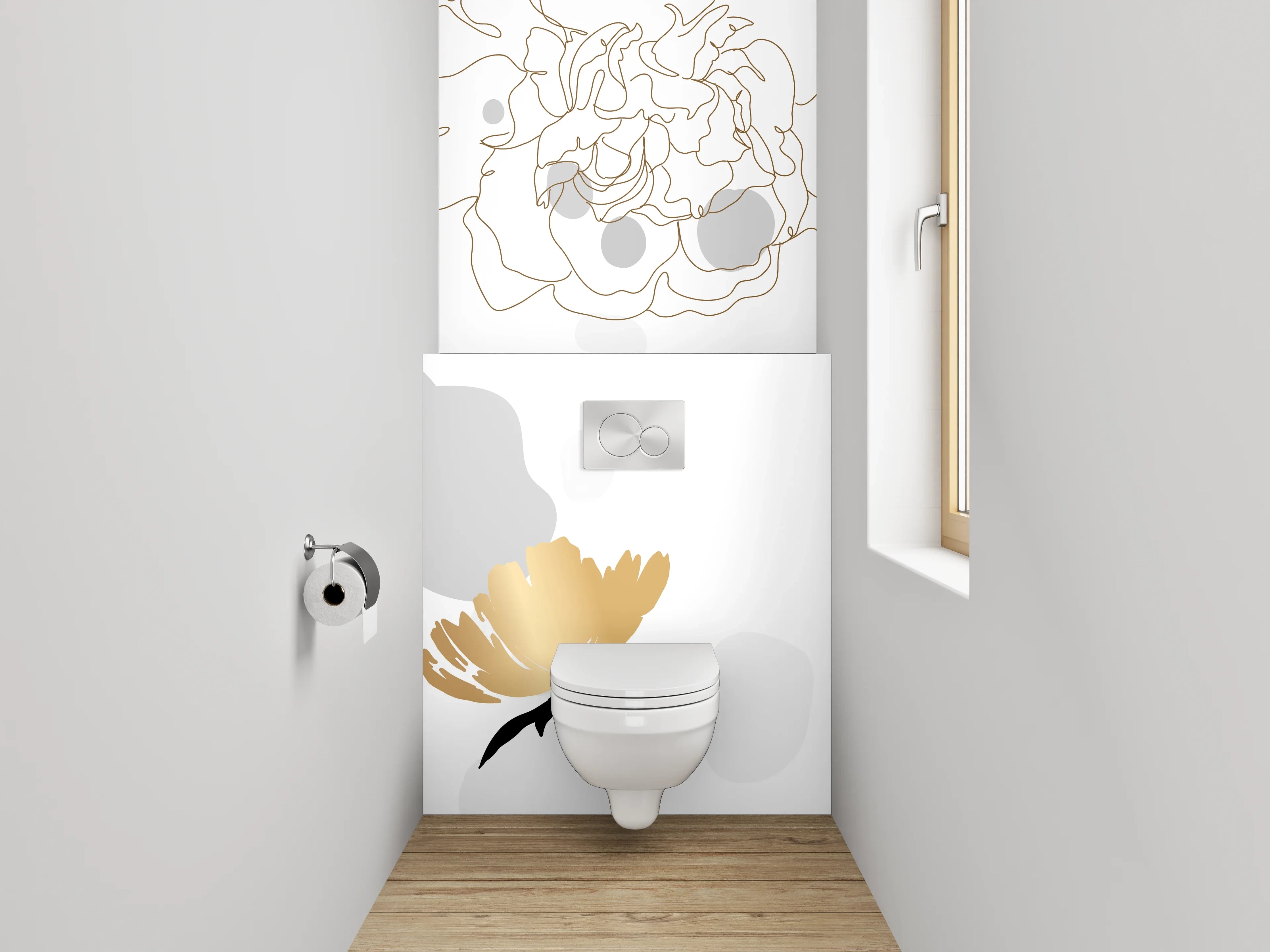 WC-Rückwand - Goldene Lineart Blumen auf Weiß