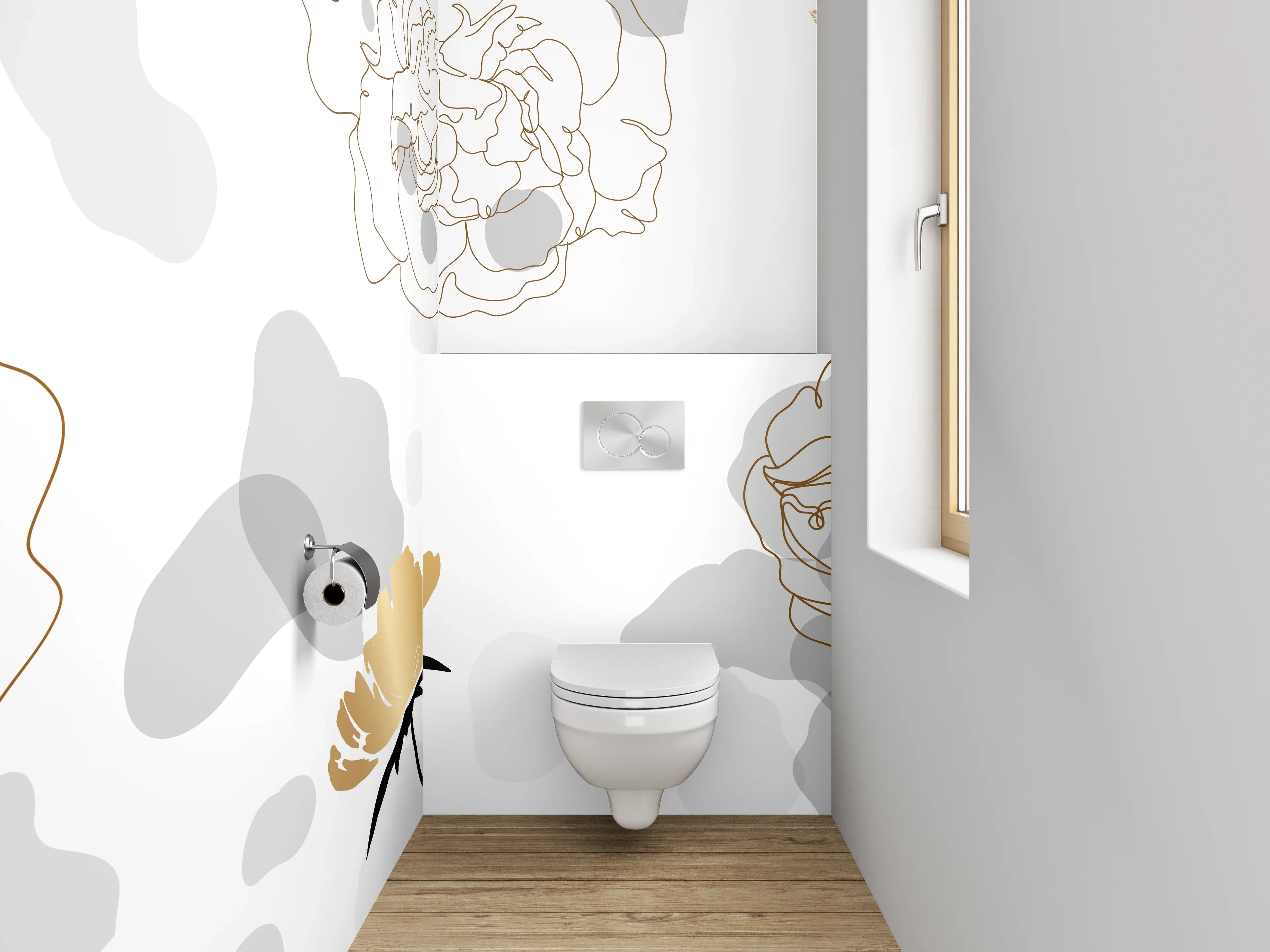 WC-Rückwand - Goldene Lineart Blumen auf Weiß