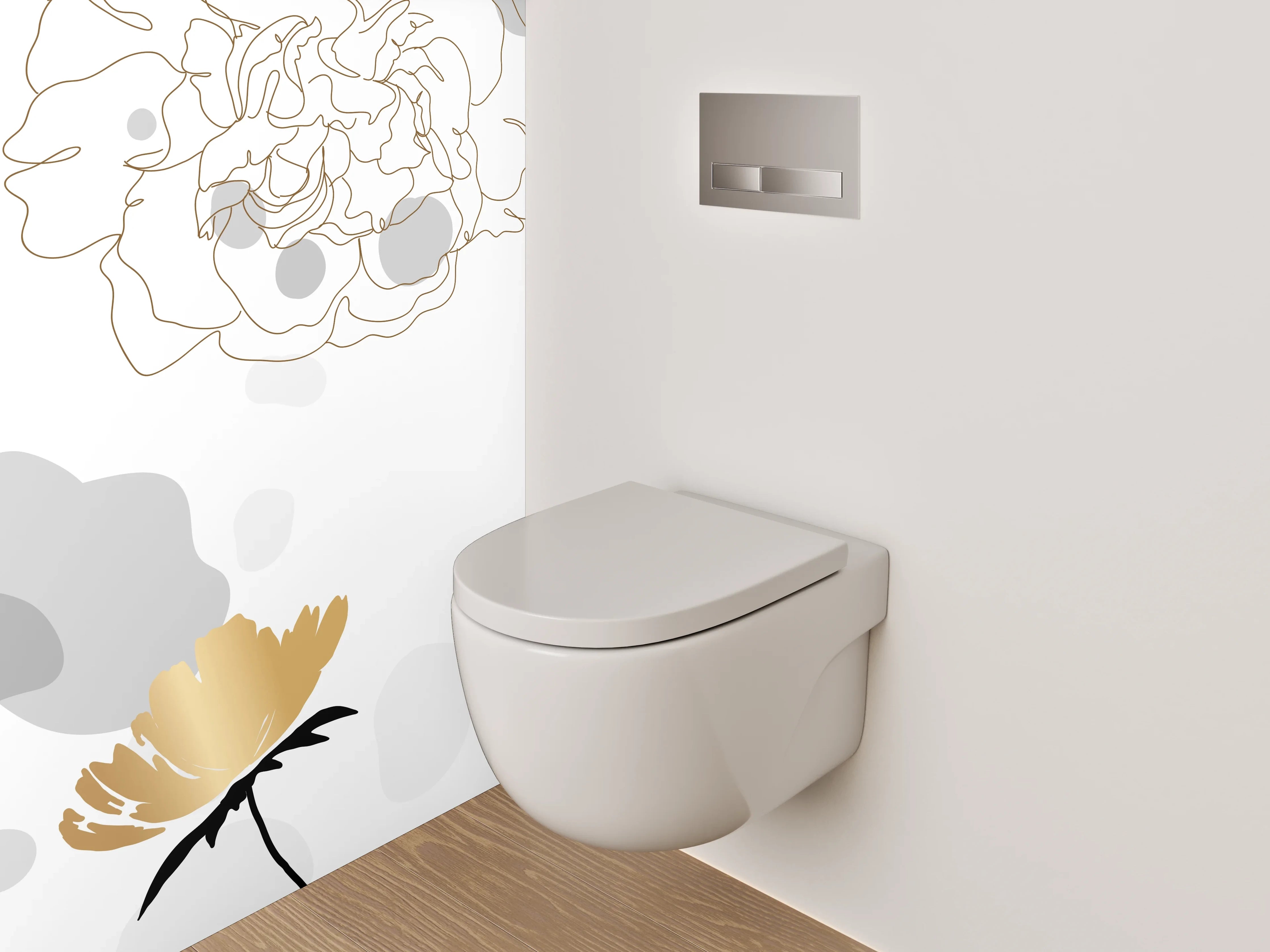 WC-Rückwand - Goldene Lineart Blumen auf Weiß