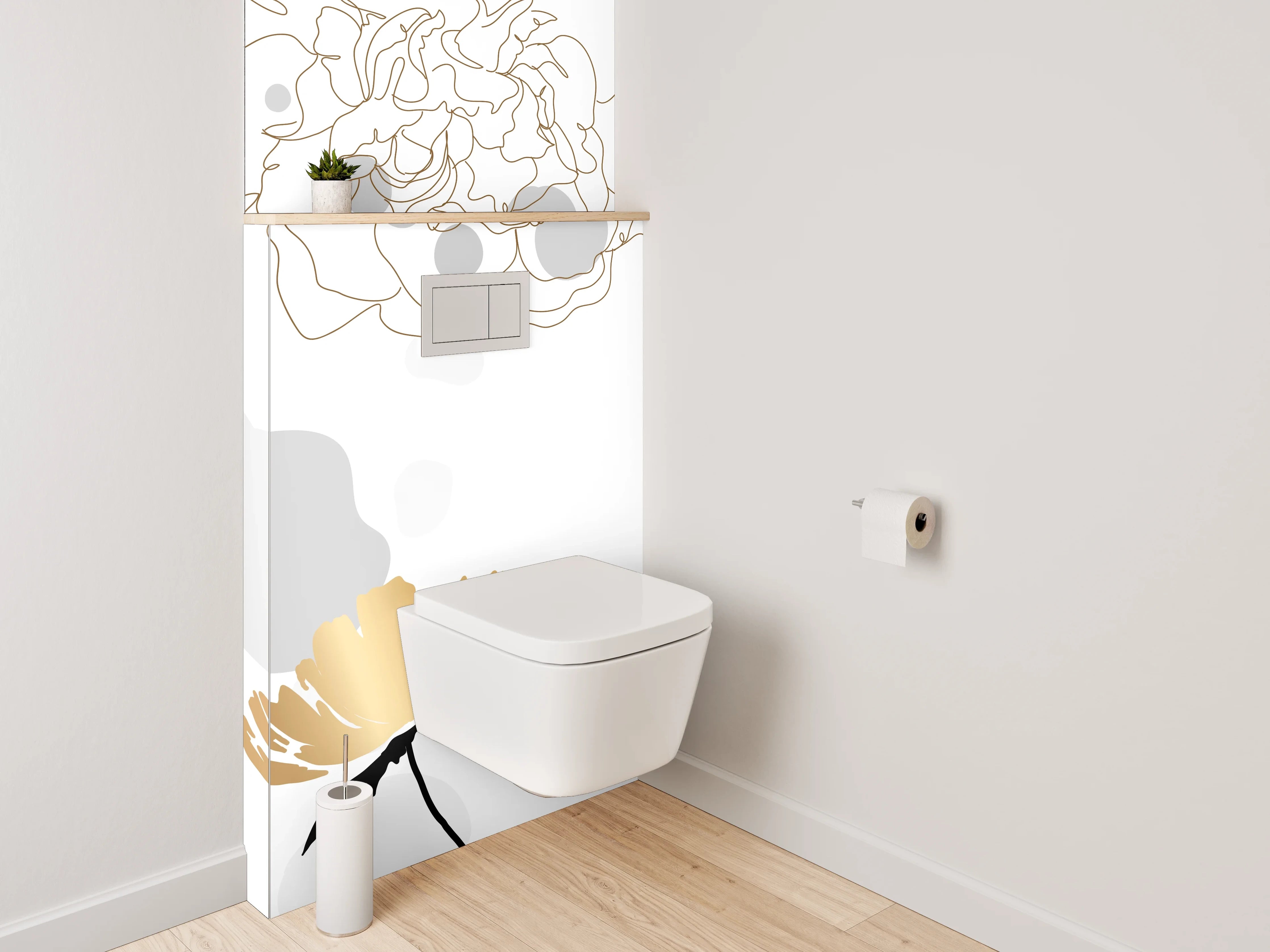 WC-Rückwand - Goldene Lineart Blumen auf Weiß