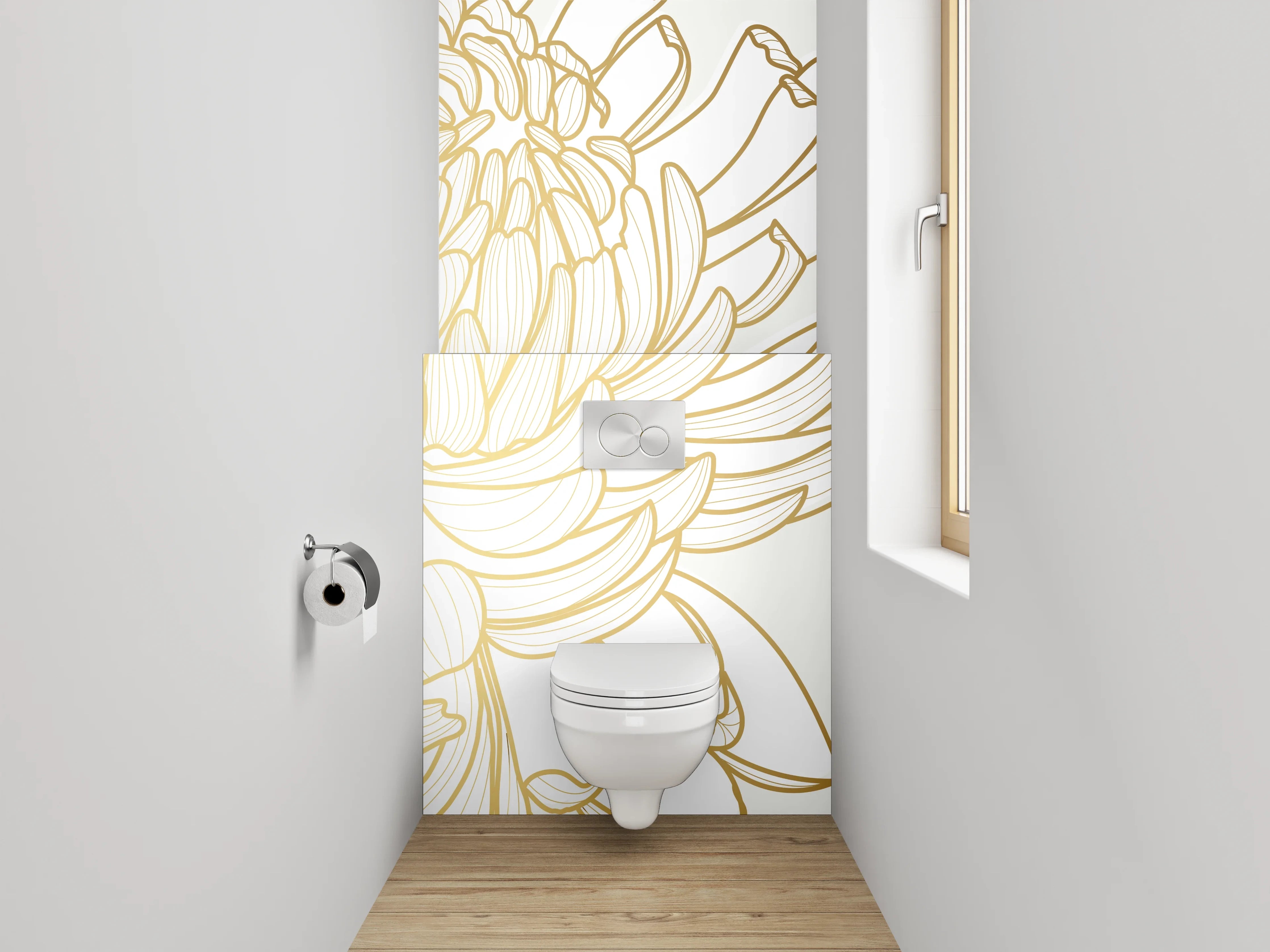 WC-Rückwand - Goldene Lineart Chrysanthemen Blüten Weiß Gold