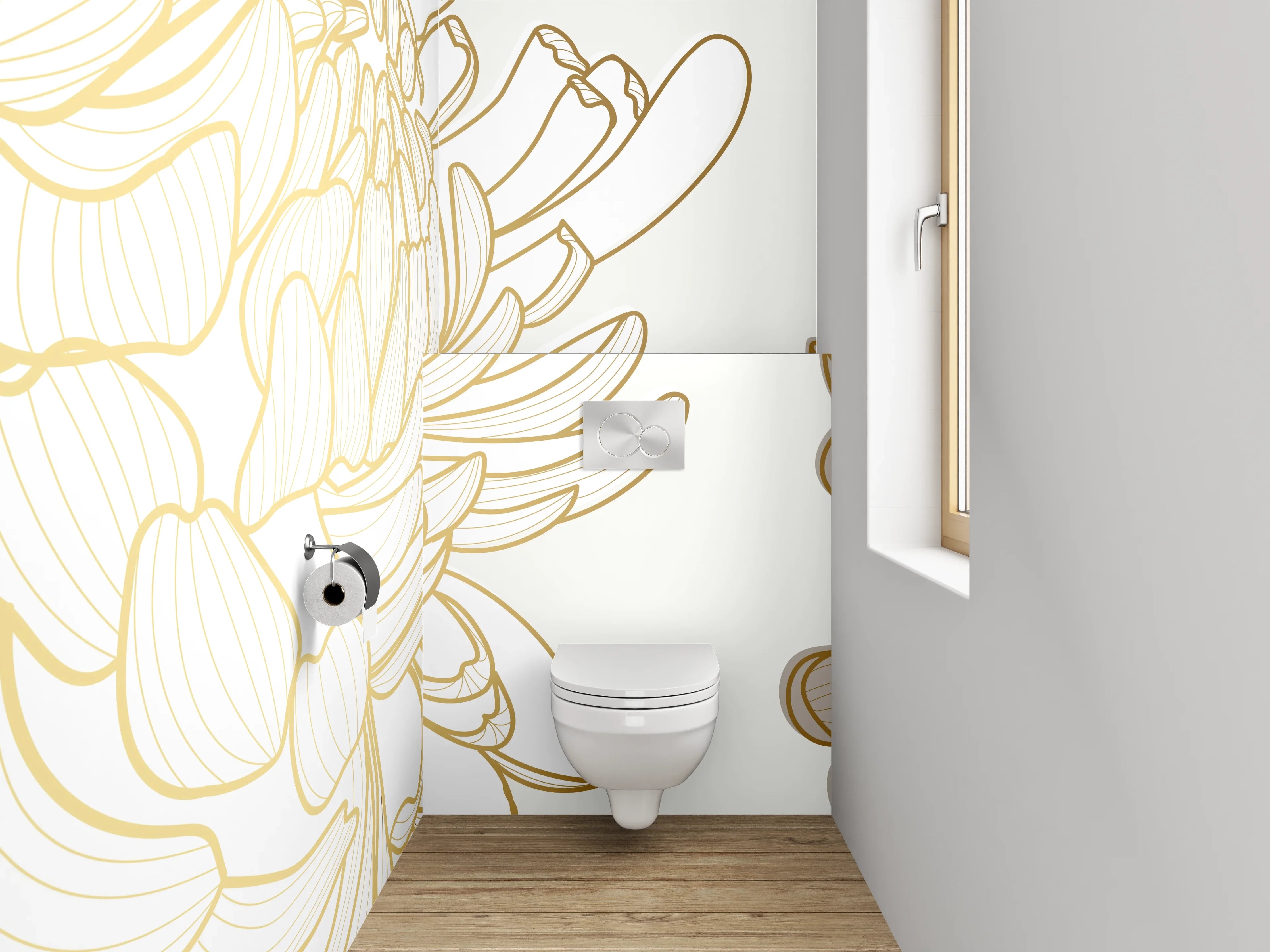 WC-Rückwand - Goldene Lineart Chrysanthemen Blüten Weiß Gold