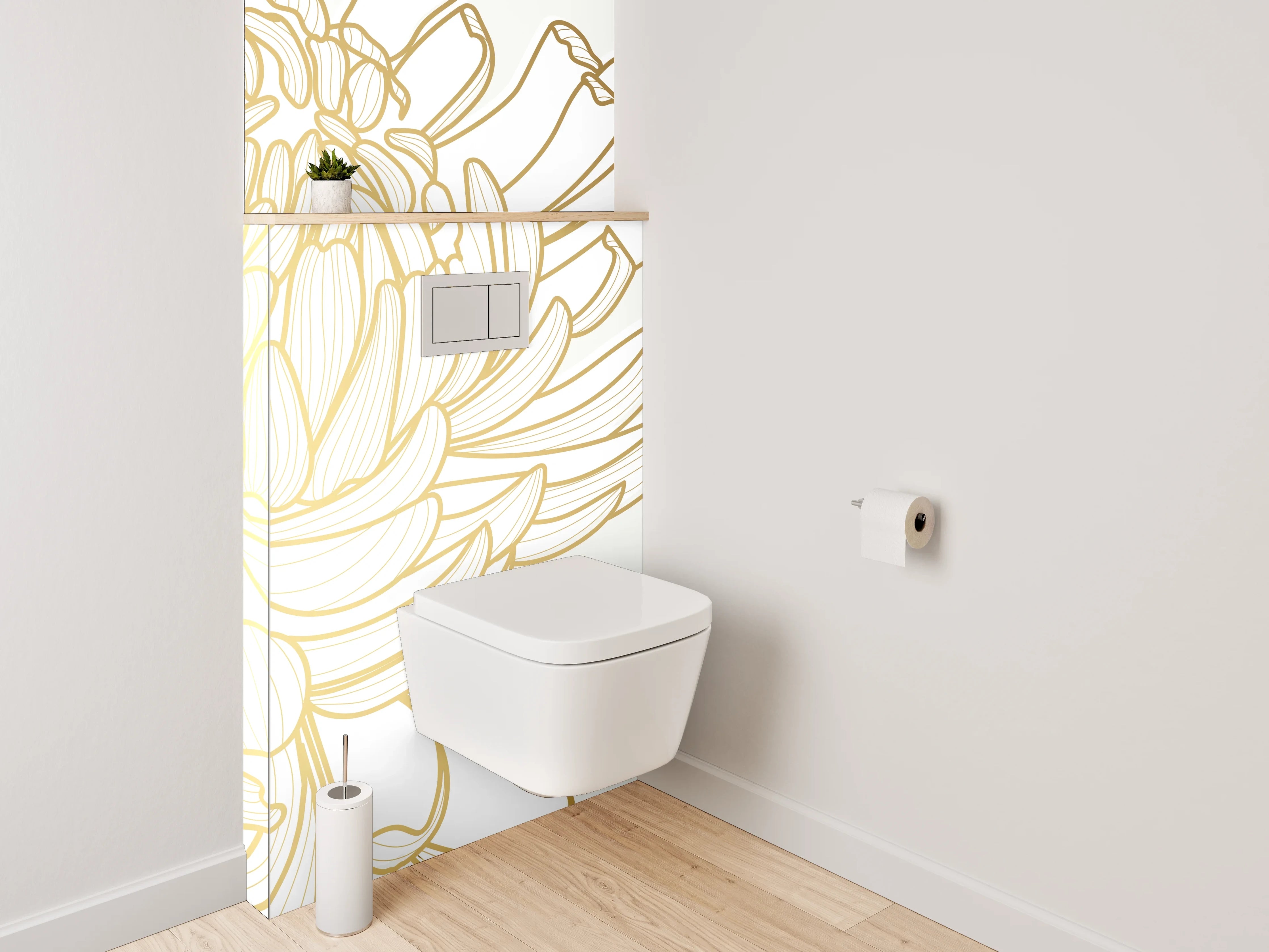 WC-Rückwand - Goldene Lineart Chrysanthemen Blüten Weiß Gold