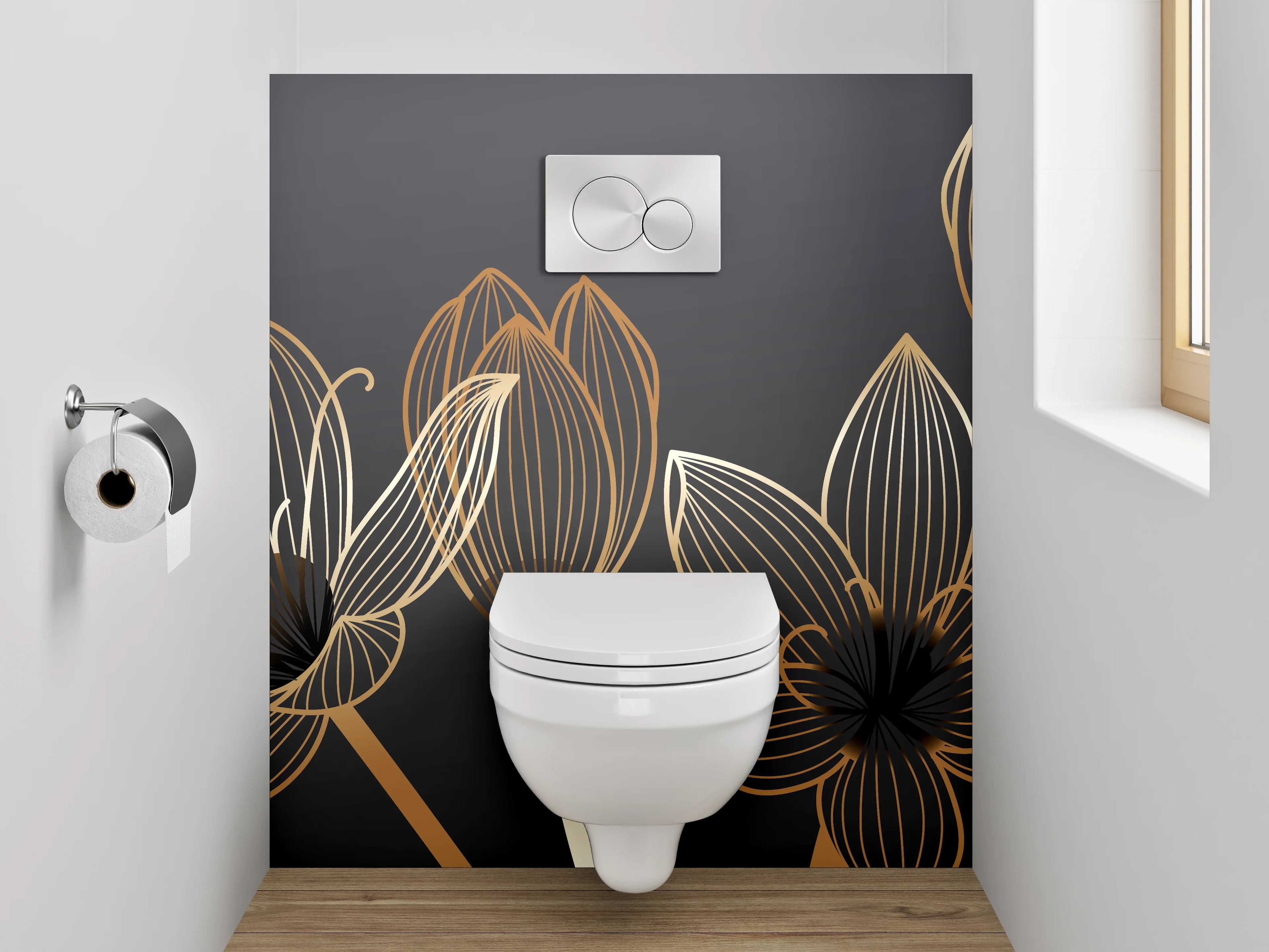 WC-Rückwand - Goldene Lineart-Lotusblüten auf Dunkelgrau