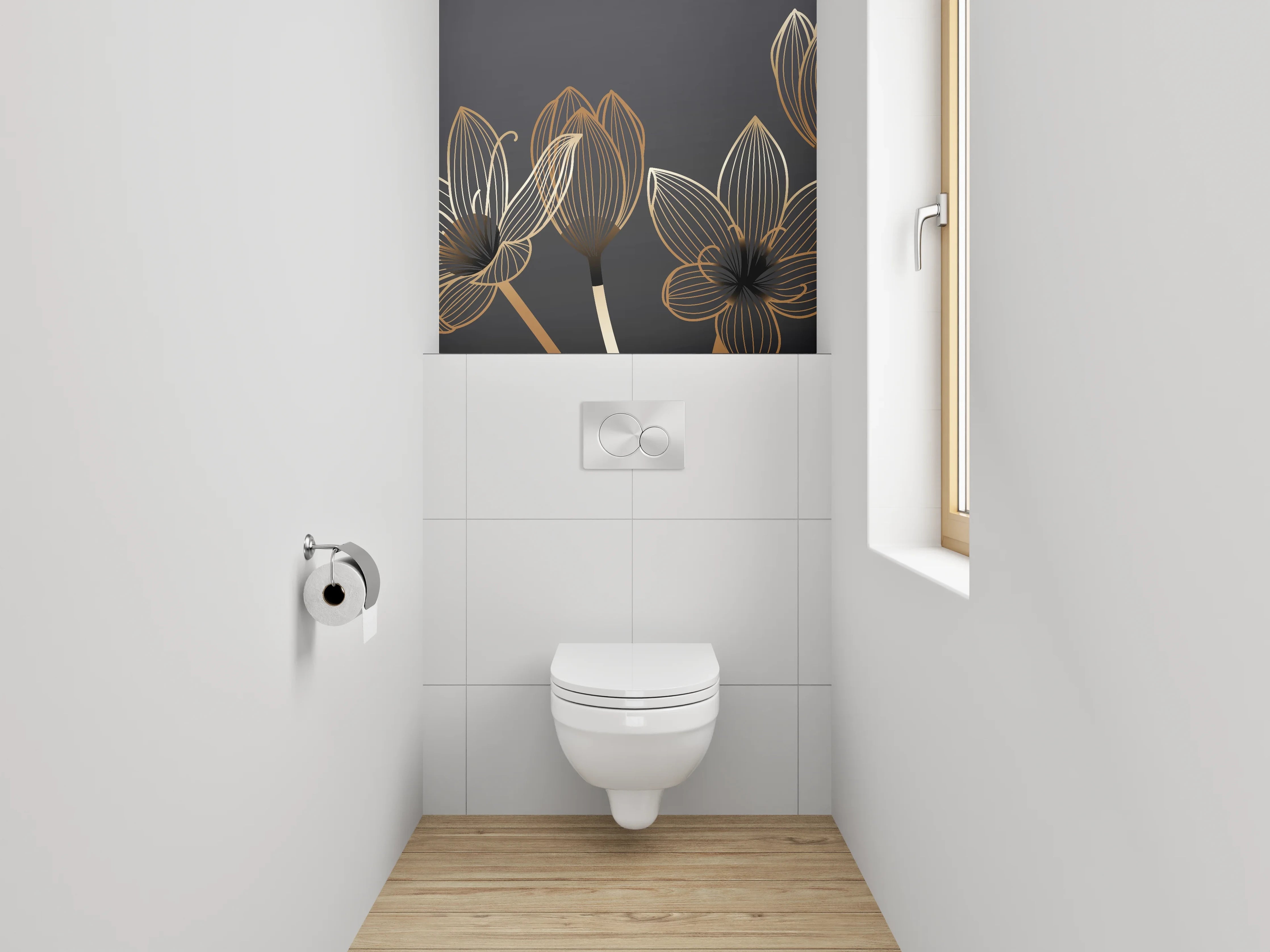WC-Rückwand - Goldene Lineart-Lotusblüten auf Dunkelgrau