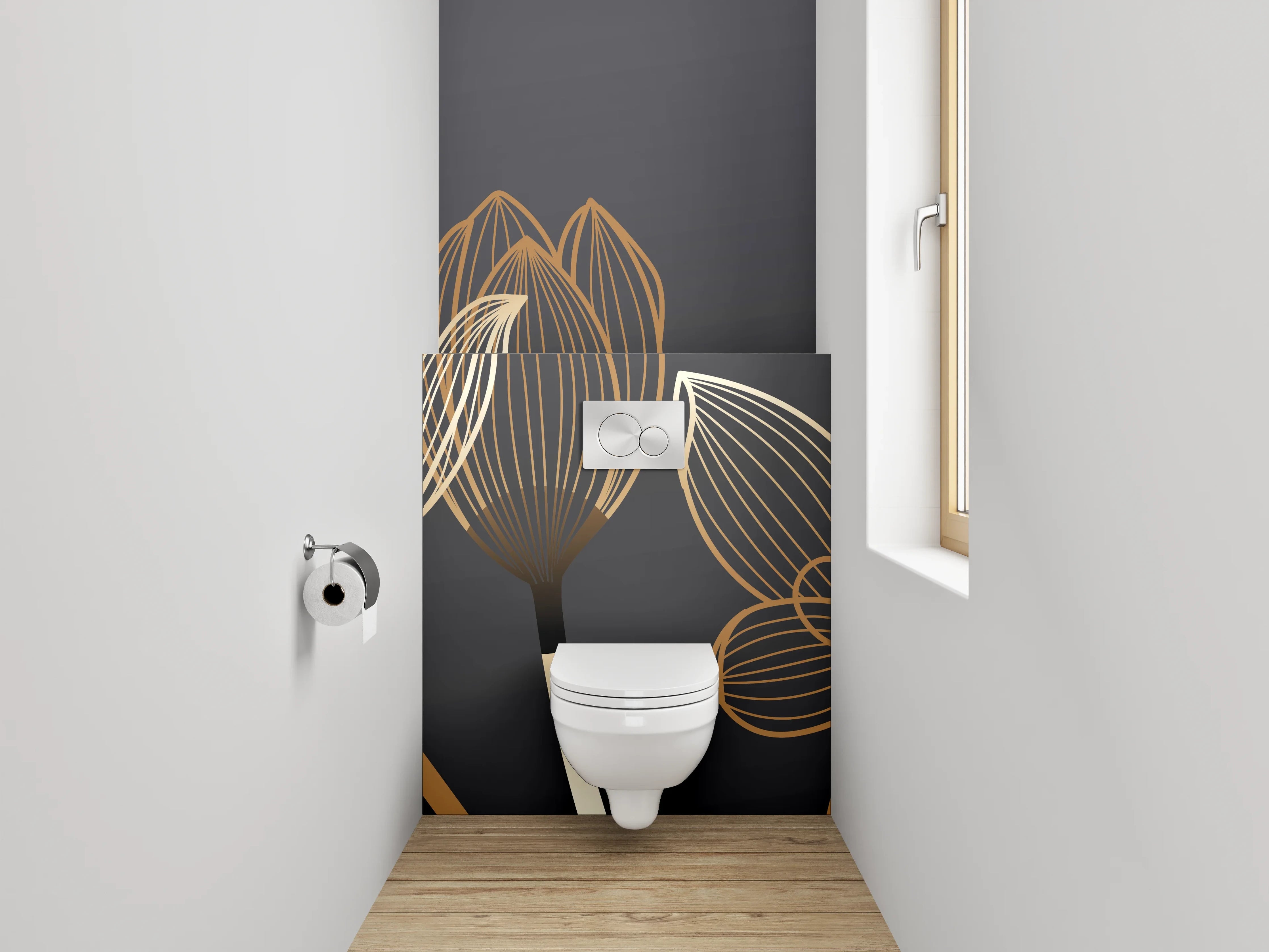 WC-Rückwand - Goldene Lineart-Lotusblüten auf Dunkelgrau