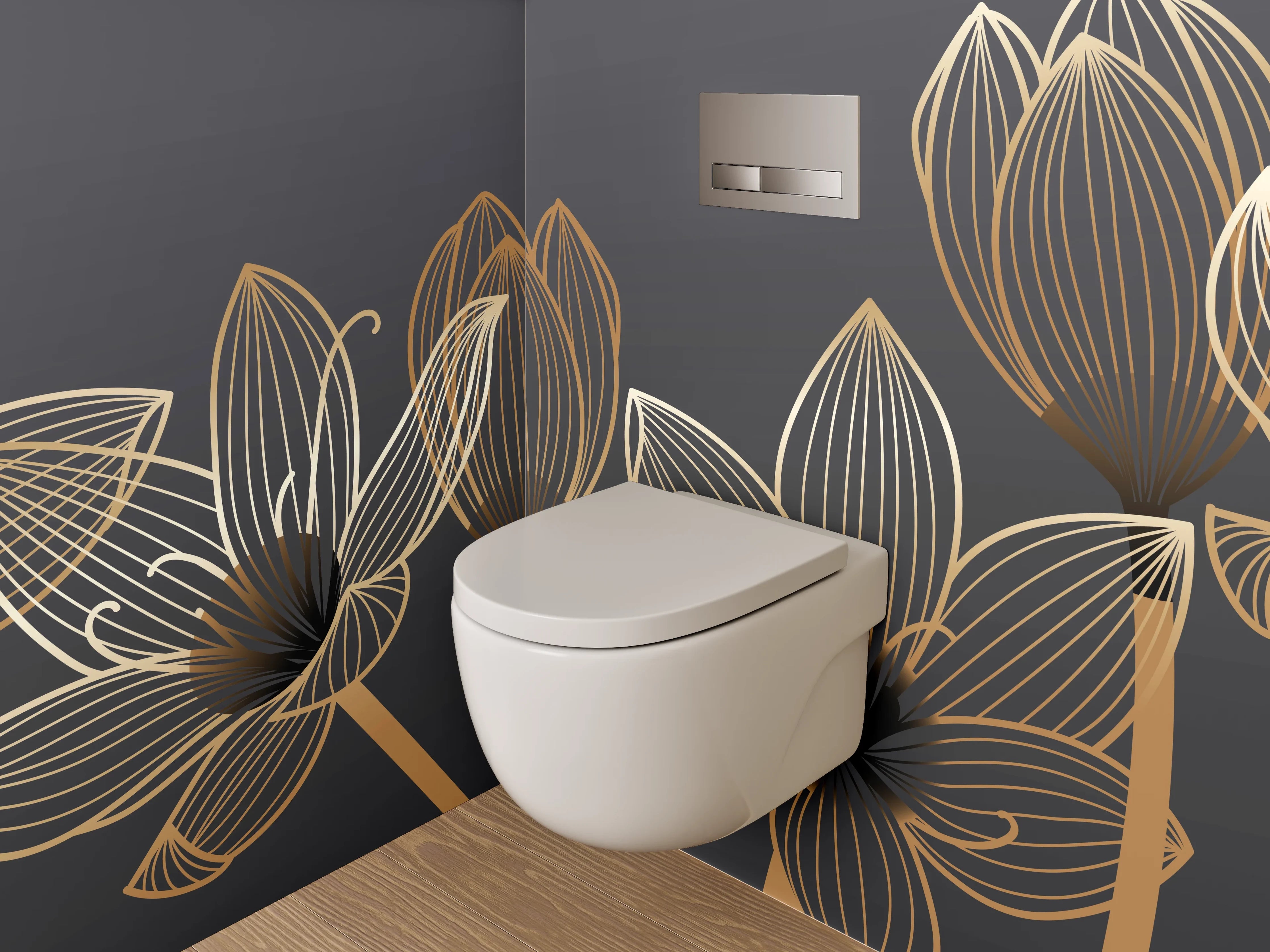 WC-Rückwand - Goldene Lineart-Lotusblüten auf Dunkelgrau