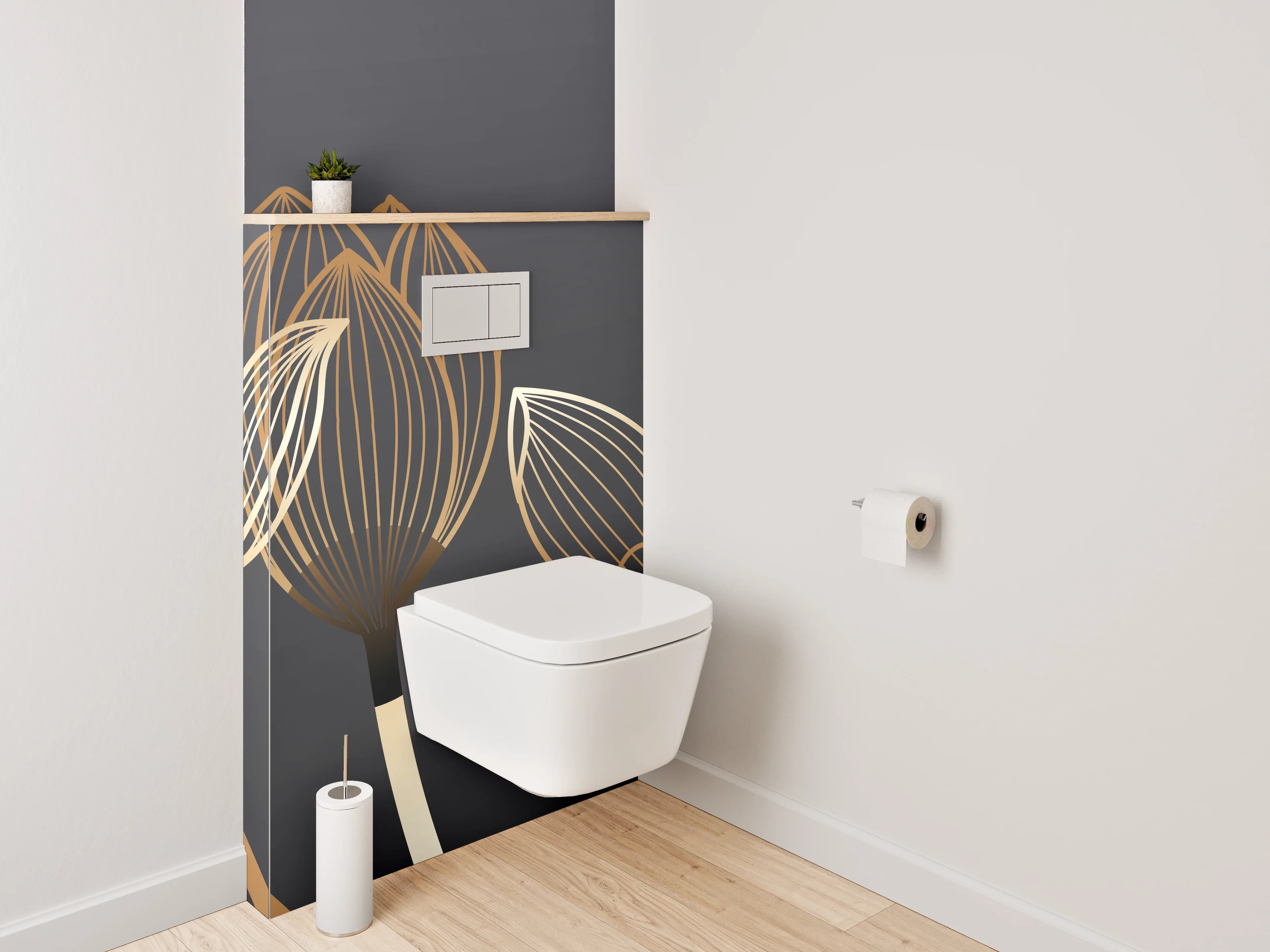 WC-Rückwand - Goldene Lineart-Lotusblüten auf Dunkelgrau