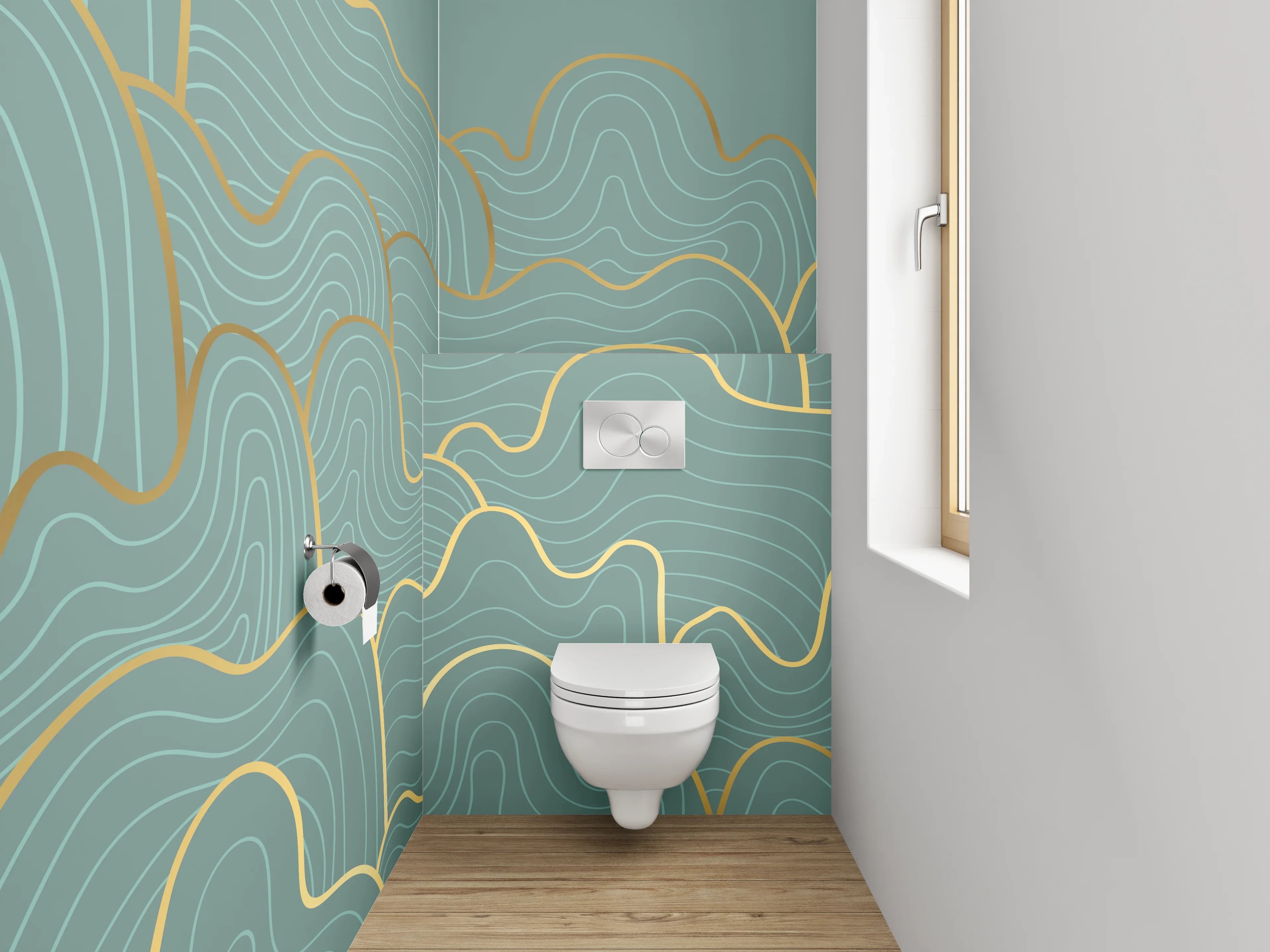 WC-Rückwand - Goldene Lineart Wellen Abstrakt