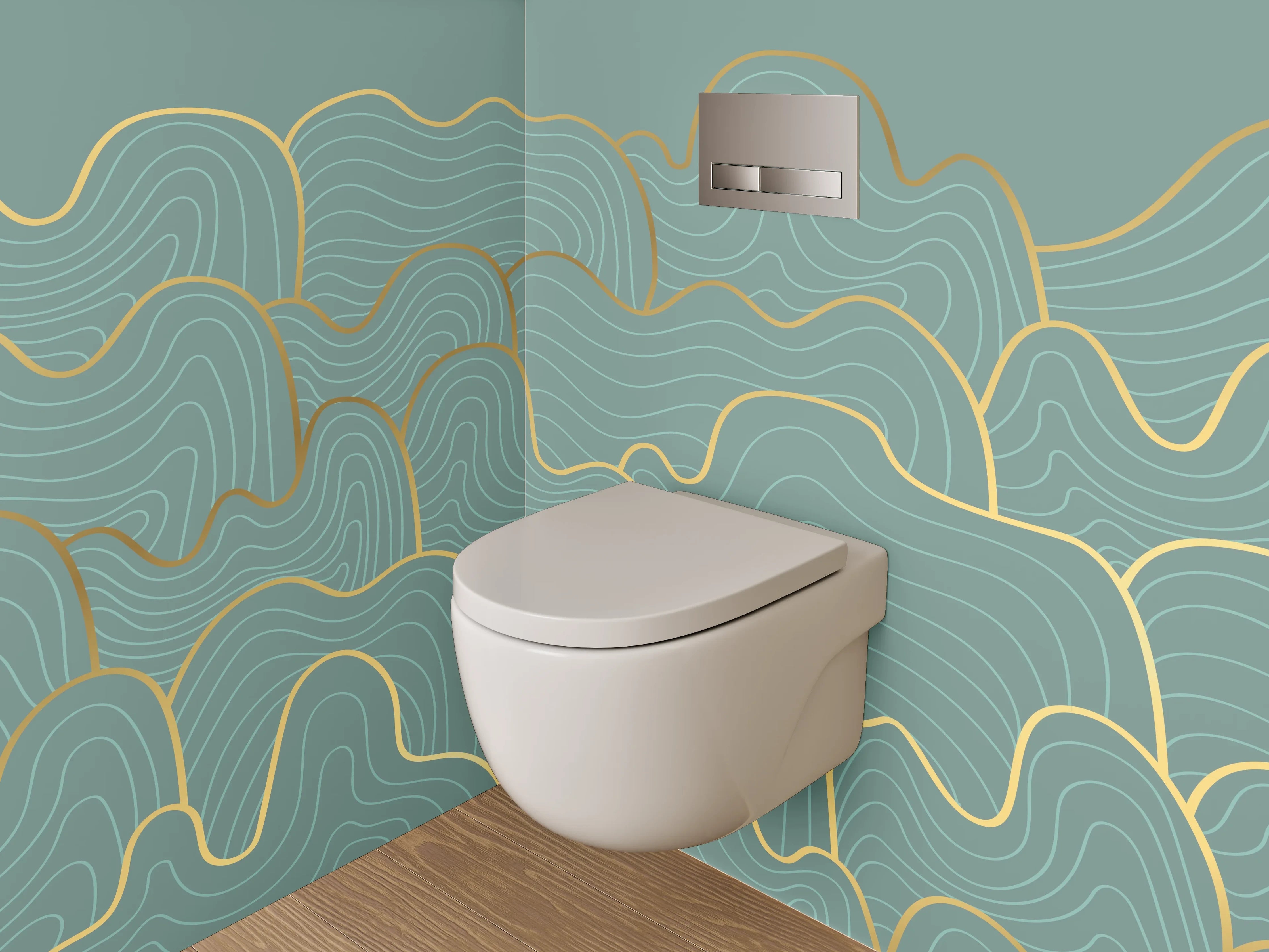 WC-Rückwand - Goldene Lineart Wellen Abstrakt