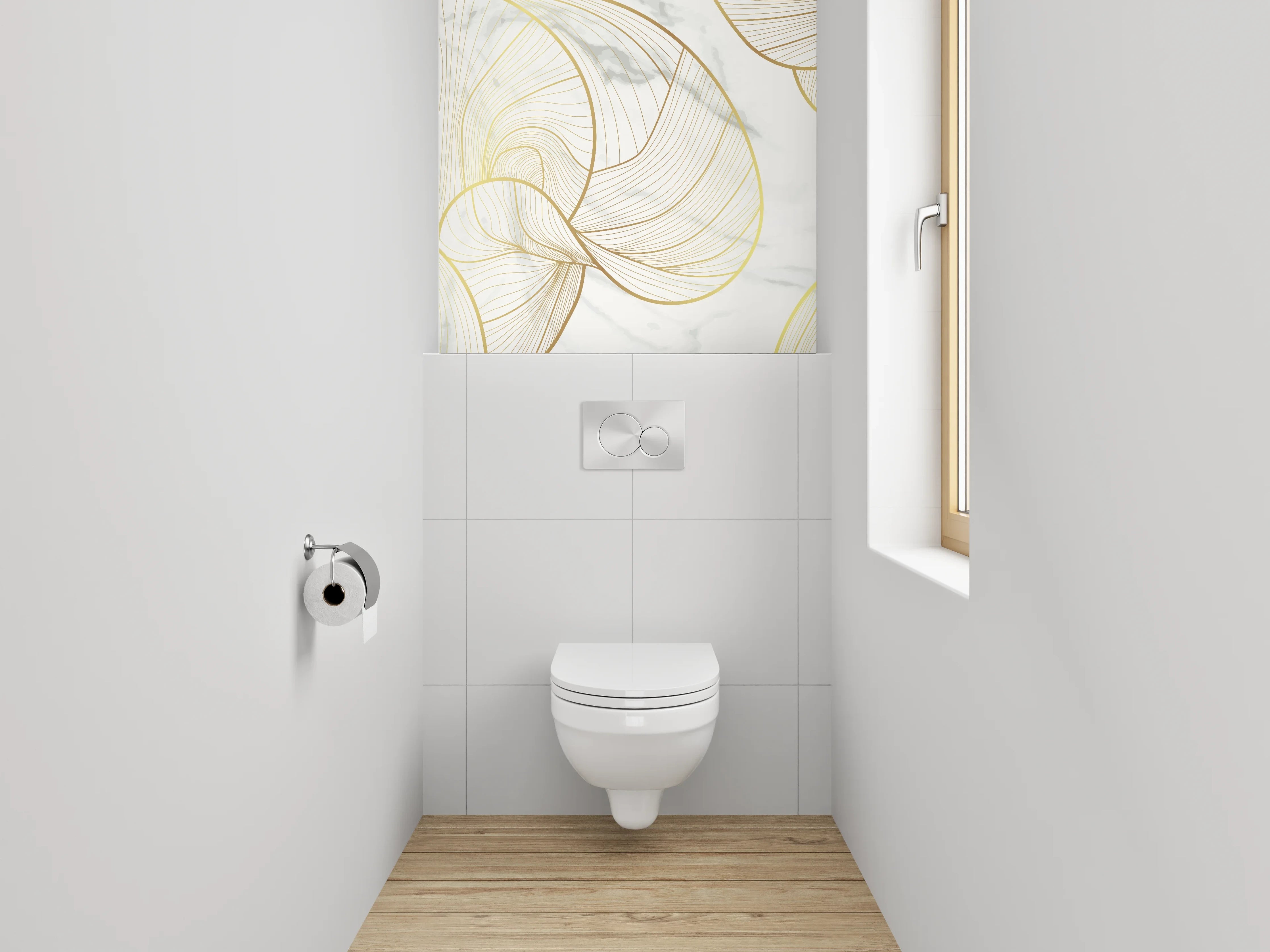 WC-Rückwand - Goldene Lineart auf Marmor Weiß